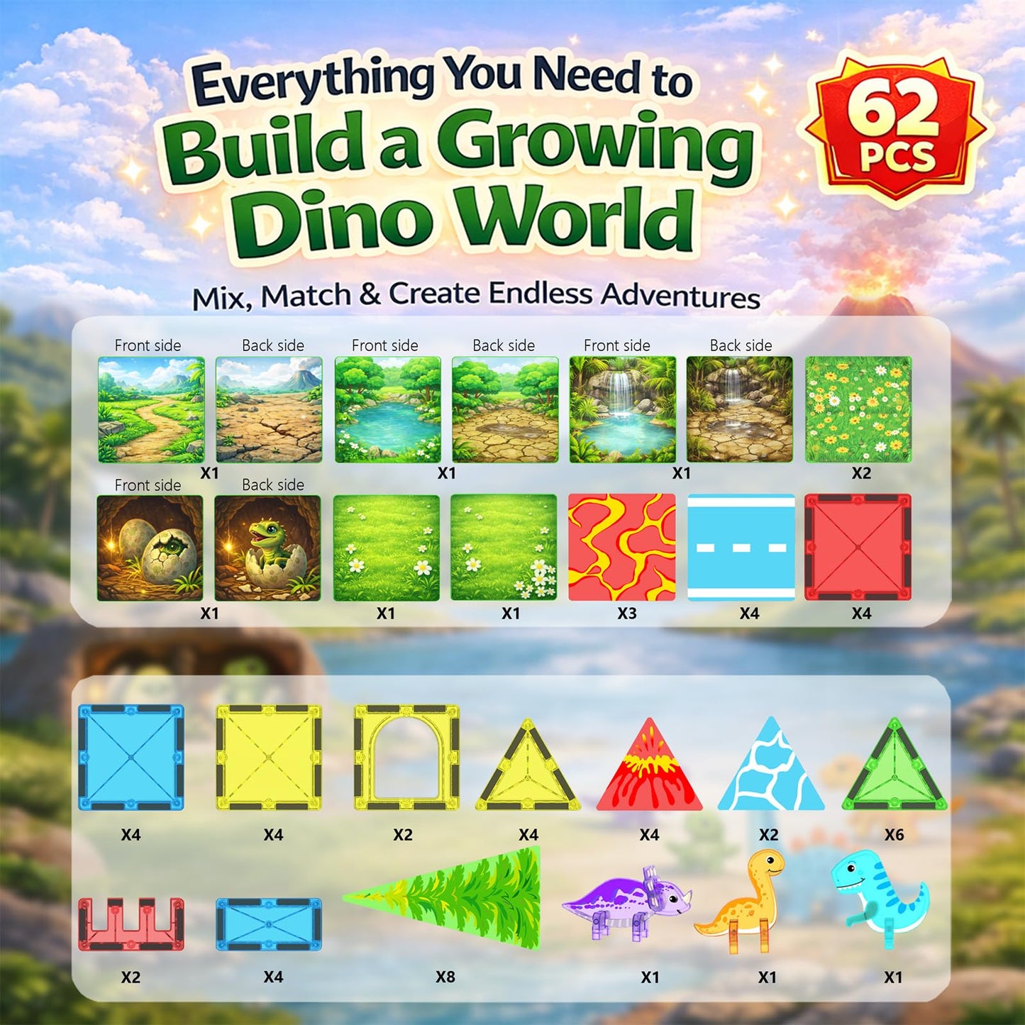 LATI Magnetic Tiles Dinosaur Building Set, Dino World Magnet Blocks with Double-Sided Egg Hatch Story, STEM Construction Toy for Kids Ages 3+, Educational Gift for Boys & Girls