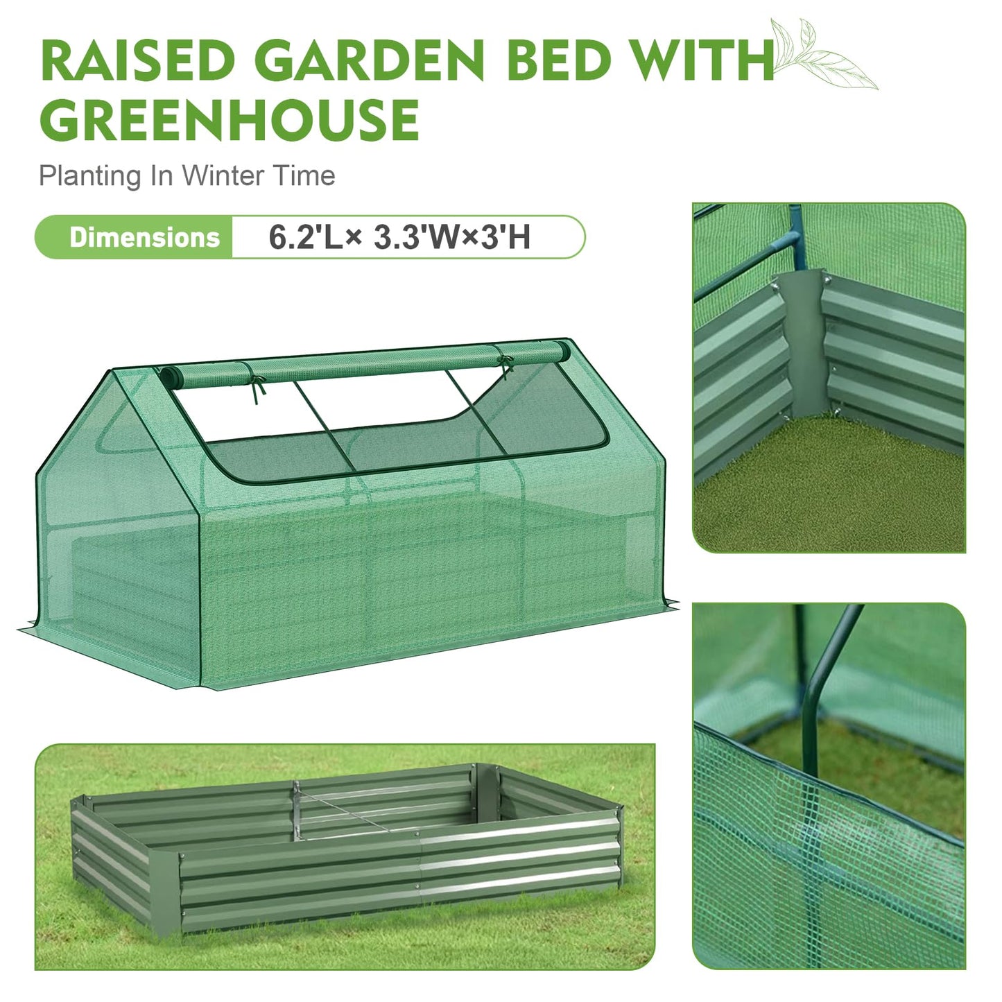 BPS Raised Garden Bed Set, 6x3x1 FT Metal Bottomless Flower Bed with PE Cover for Outdoor Planting, Green