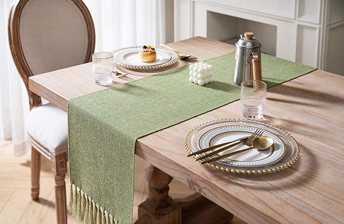 ZeeMart Green Table Runners 36 Inches Long, Burlap Linen Style Rustic Farmhouse Table Runner, Small Short Boho Coffee Table Runner, 13x36 Inches, Grass Green