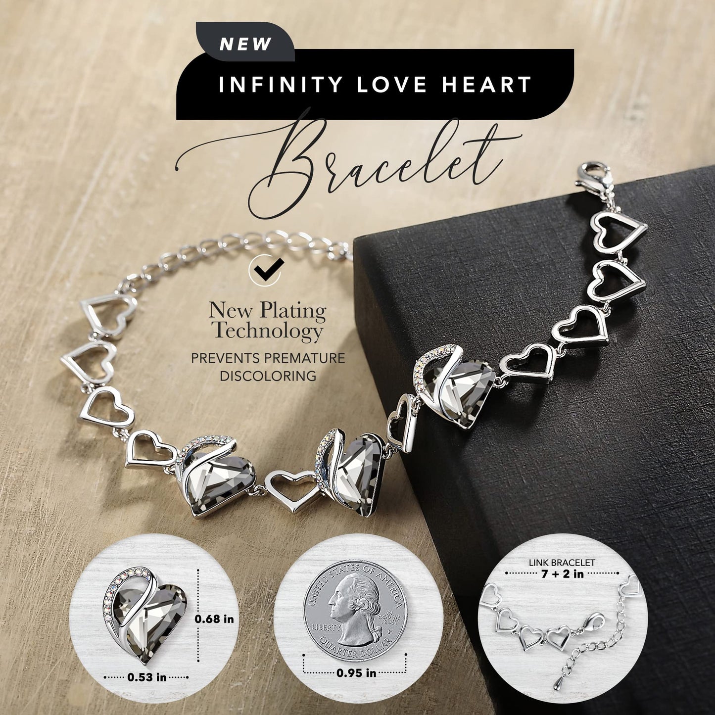 Leafael Infinity Love Heart Gift Bracelet for Women, Healing Stone for Protection, Crystal Black, Silver Tone, 7-inch Chain and 2-inch Extender