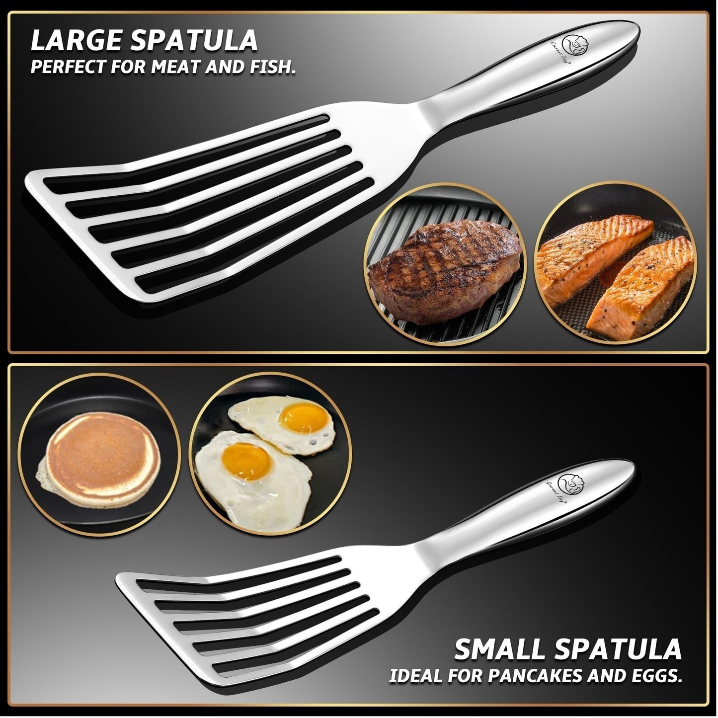 Stainless Steel Fish Spatula Set – 1 Large Fish Turner + 1 Small Metal Spatula, Ultra-Thin Edge for Easy Turning & Flipping, Metal Kitchen Utensils with Ergonomic Non-Slip Handle, Dishwasher Safe