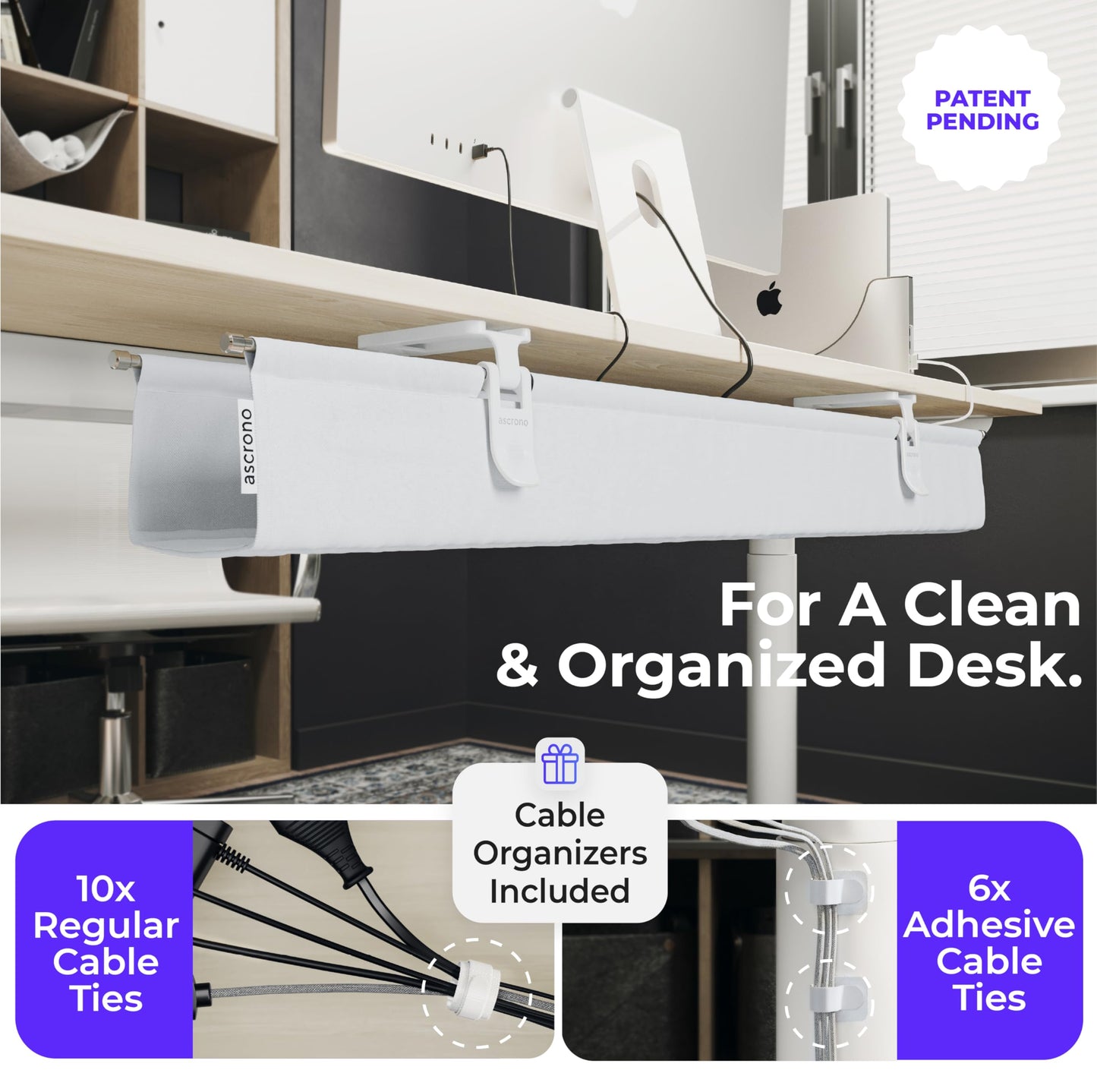 Ascrono Original No Drill Under Desk Cable Management Tray 27.3" - Premium White Fabric Cable Management Under Desk - Clamp/Screw Mount Cord Organizer - Supports Upto 66lbs