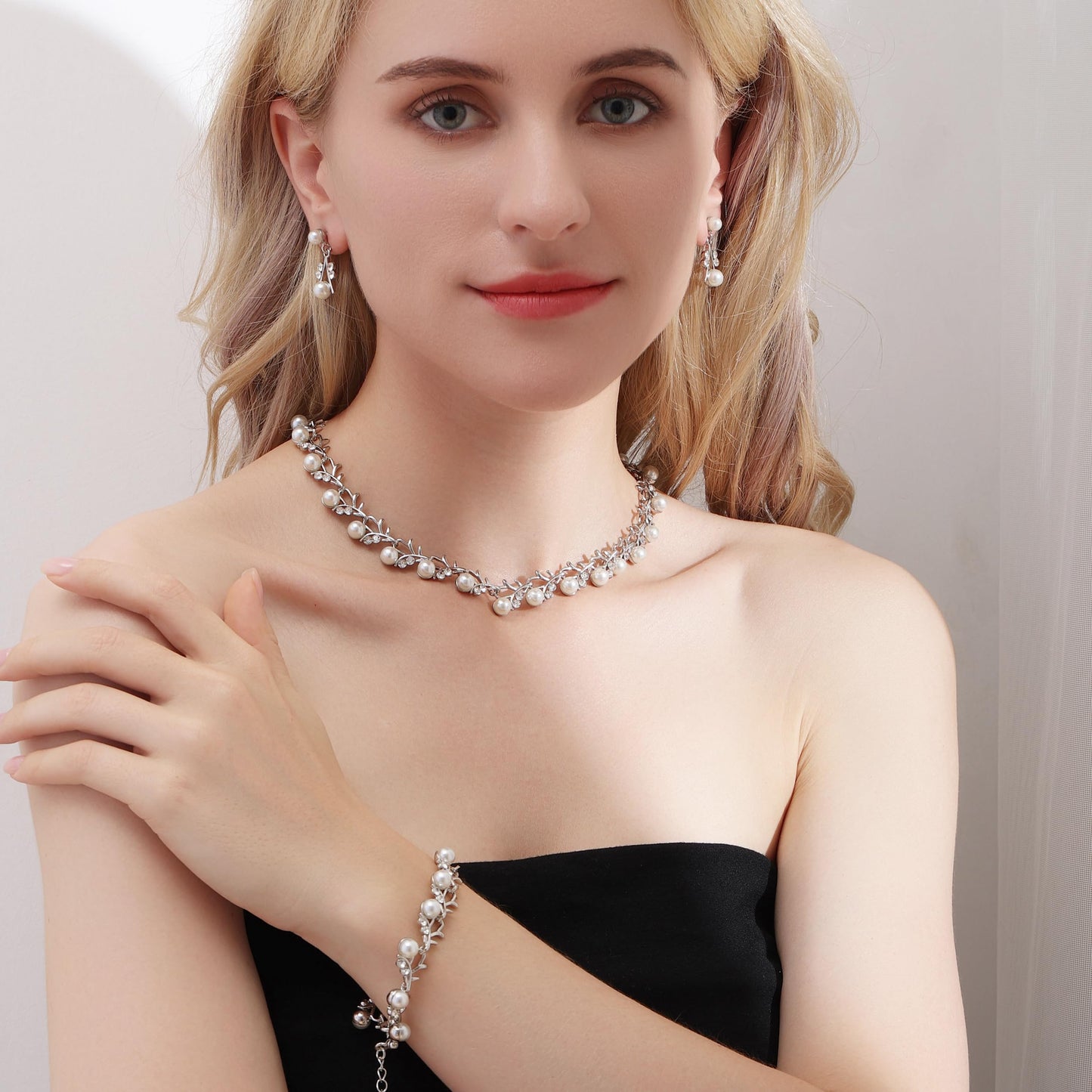AILUOR Pearl Jewelry Set for Women - 14K Gold/Silver Plated Pearl Necklace, Earring & Bracelet Set - Wedding Bridal Gift (3pcs Silver)