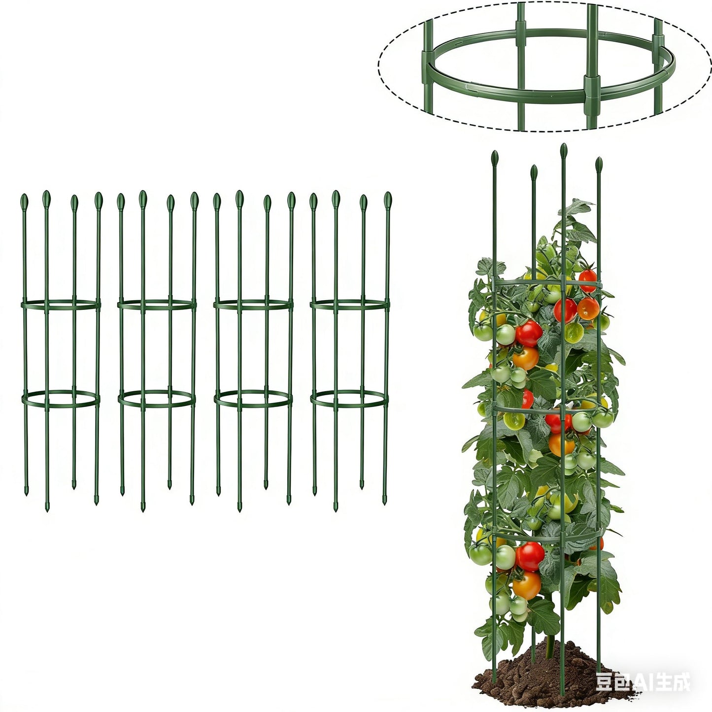 Round Heavy Duty Tomato Cage - 55 Inch Steel Core Plastic Coated Garden Trellis, 4-Post Rustproof Plant Support for Tomato/Cucumber/Beans, No Tools Snap Assembly, Spare Parts Available 4PS