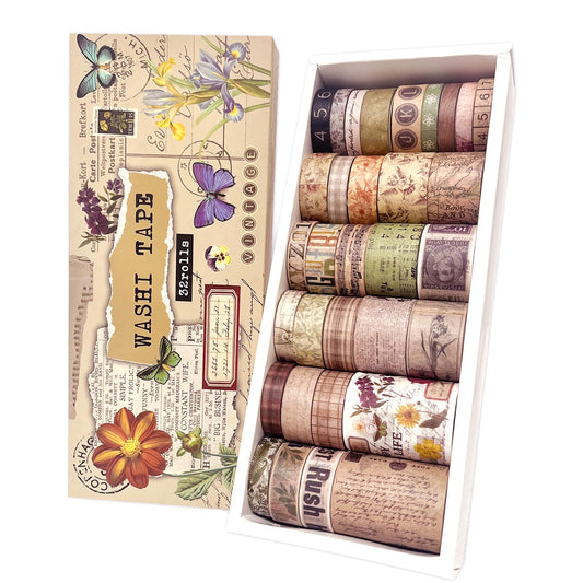 Bomichi 32 Roll Vintage Washi Tape Set Decorative Masking Paper Rainbow Colors Aesthetic Adhesive Ribbon Scrapbook Junk Journal Bullet Planner Diary DIY Craft Card Making Gift Wrapping Supplies