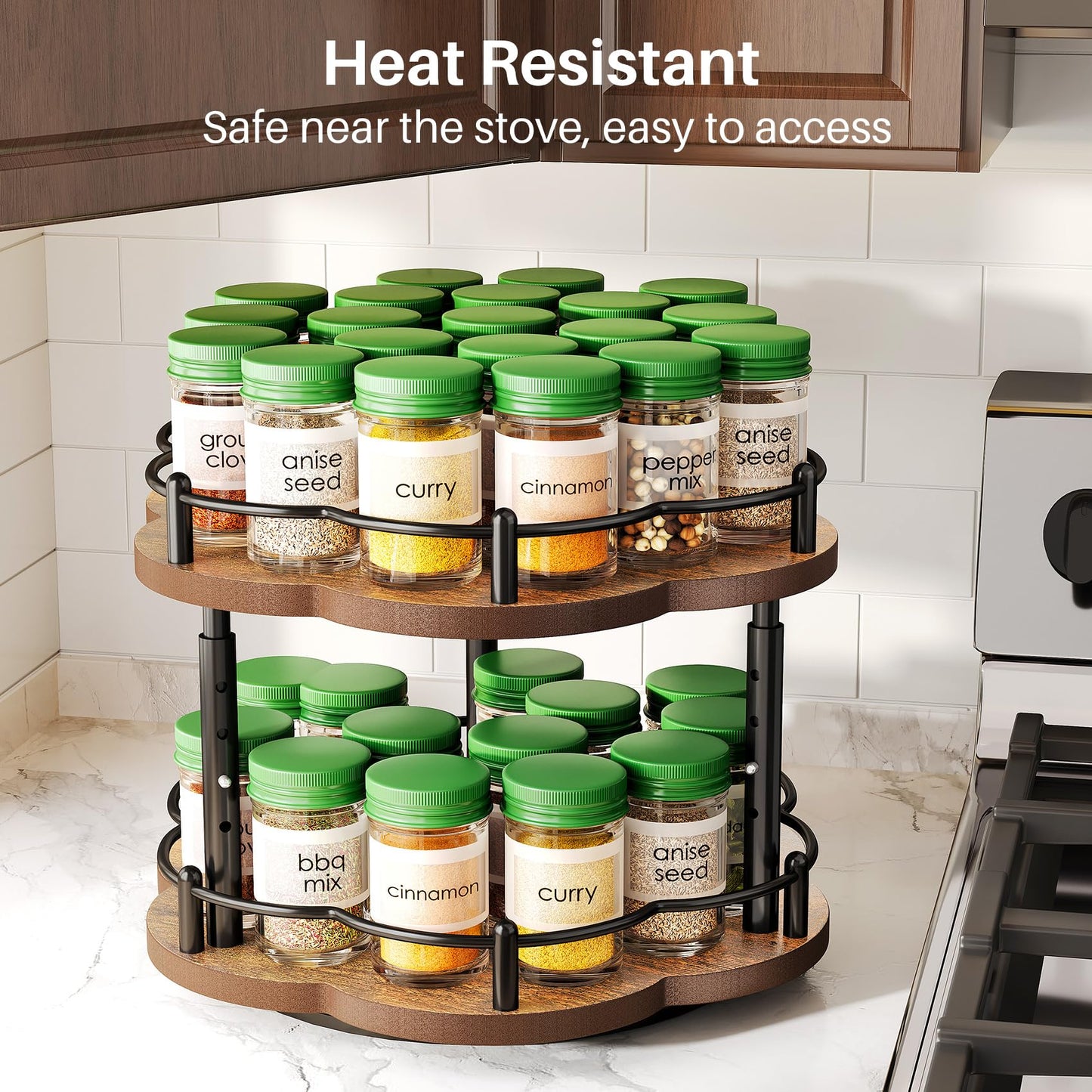 Spice Rack Lazy Susan Organizer for Cabinet, Rotating Spice Organization 2 Tier Adjustable Lazy Susan Turntable Spice Cabinet Organizer for Kitchen Countertop & Pantry, Wood 10 Inch Seasoning Storage