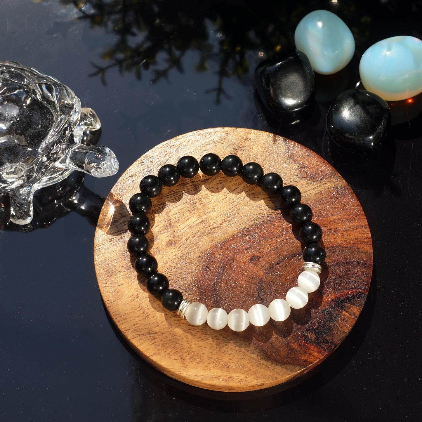 Black Obsidian & White Selenite Agate Bracelet – Chakra Healing Energy Balancing Crystal Bracelet for Protection & Mindfulness Gift