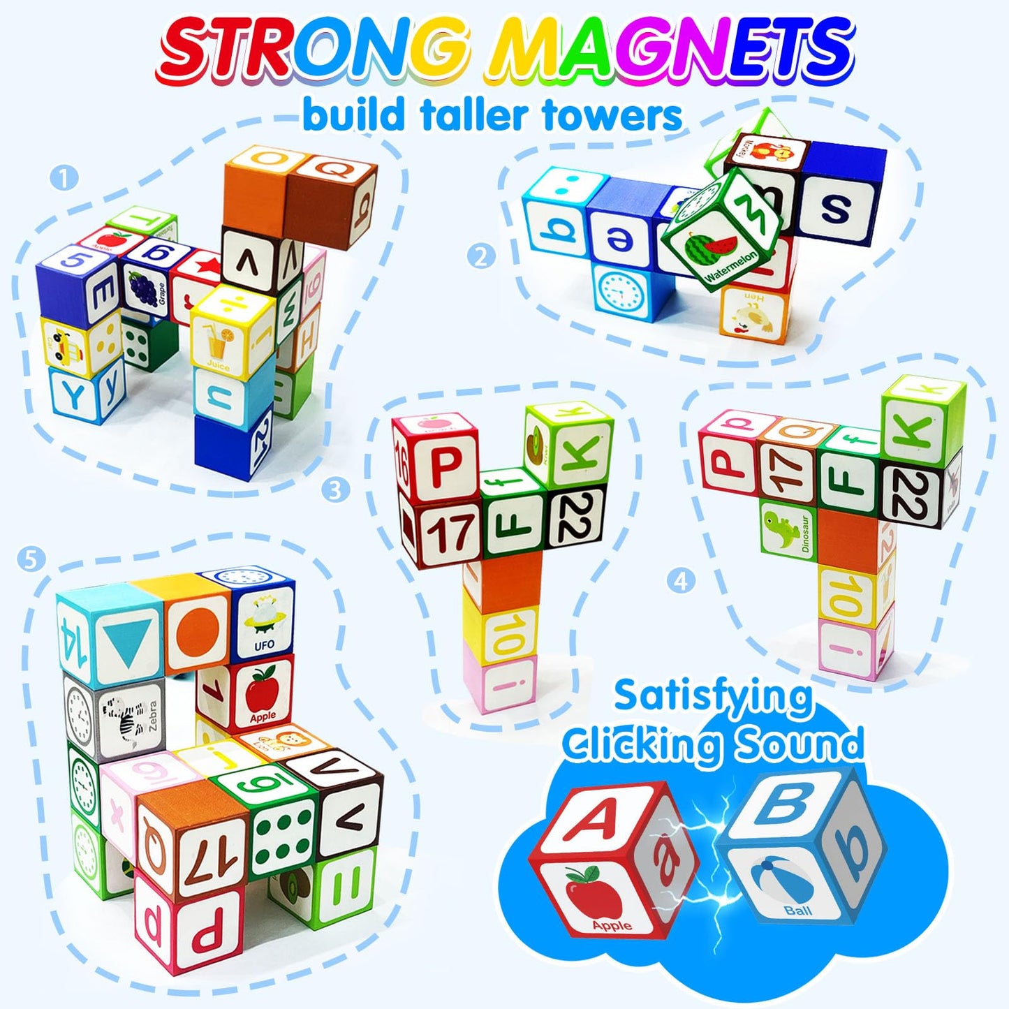 ChainnForces 26-Piece Magnetic Blocks for Toddlers 1-3 | STEM Learning Toys with ABC, 123, Animals | Includes 9 Early Learning Cards