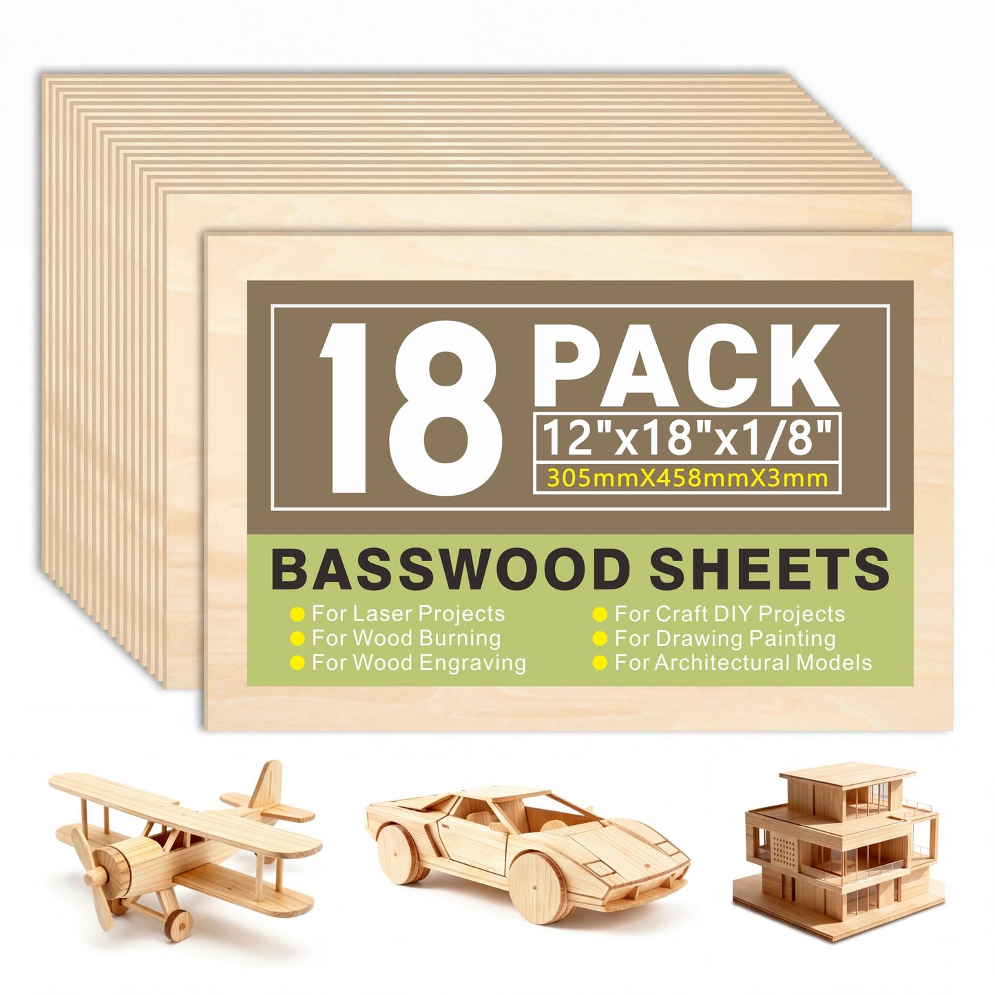 Baccraniate Basswood Sheets for Crafts,18 Pack 12"x18"x1/8" Unfinished Wood Sheets Smooth 3mm Basswood for Laser Cutting,Engraving,Wood Burning,Painting,Model Making,DIY Projects