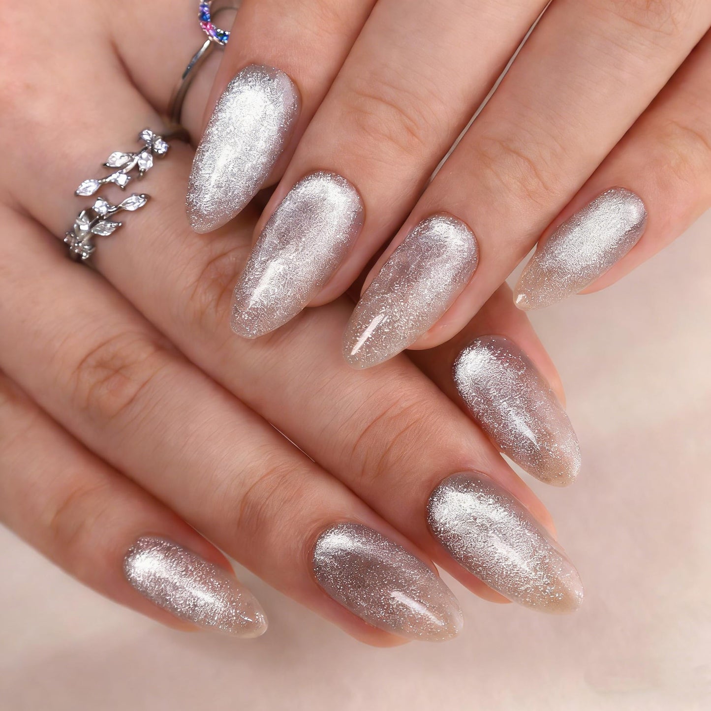 Silver Crystal Cat Eye Medium Almond Press on Nails - Chrome Magnetic Gel Nails Kit, Reusable 32 Pcs with Glue & 16 Sizes for Women, Parties, Events