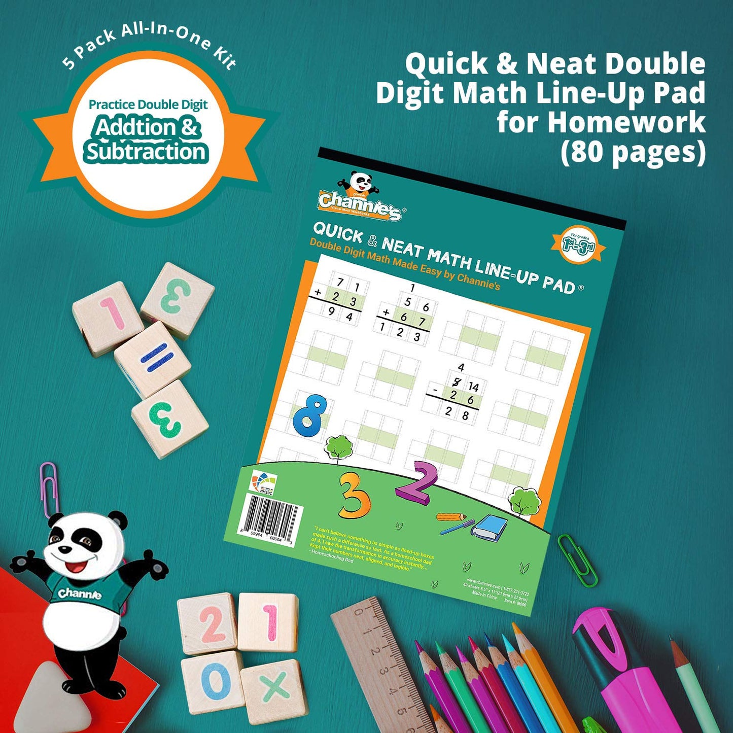 Channie’s All-in-One Kit, with Double & Triple Digit Math Practice Worksheets, Writing Pad, Math Line-Up Pad, Easy Peasy Cursive Handwriting Workbook for Kids, Free ABC Card