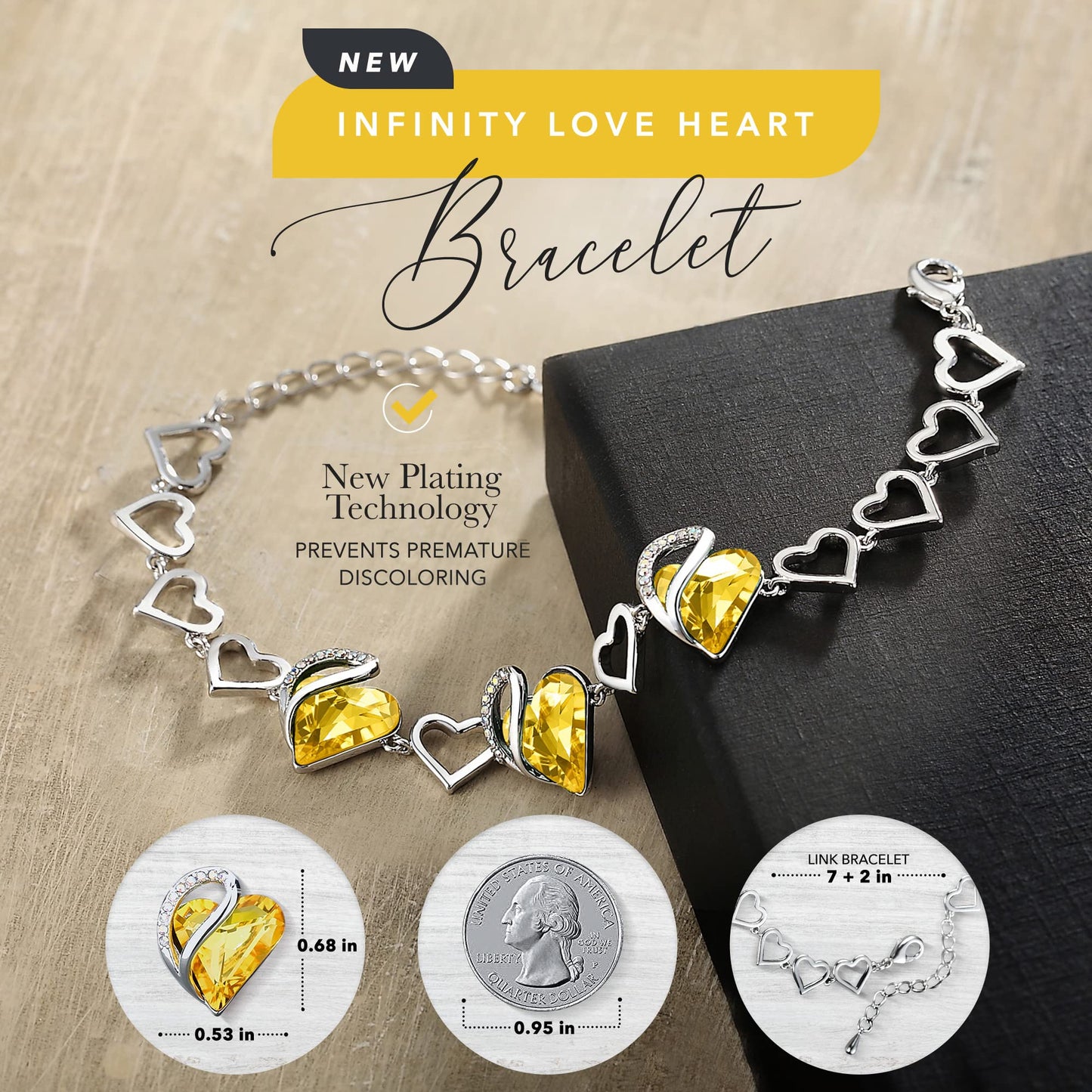 Leafael Infinity Love Heart Gift Bracelet for Women, November Birthstone Crystal, Citrine Yellow, Silver Tone, 7-inch Chain and 2-inch Extender