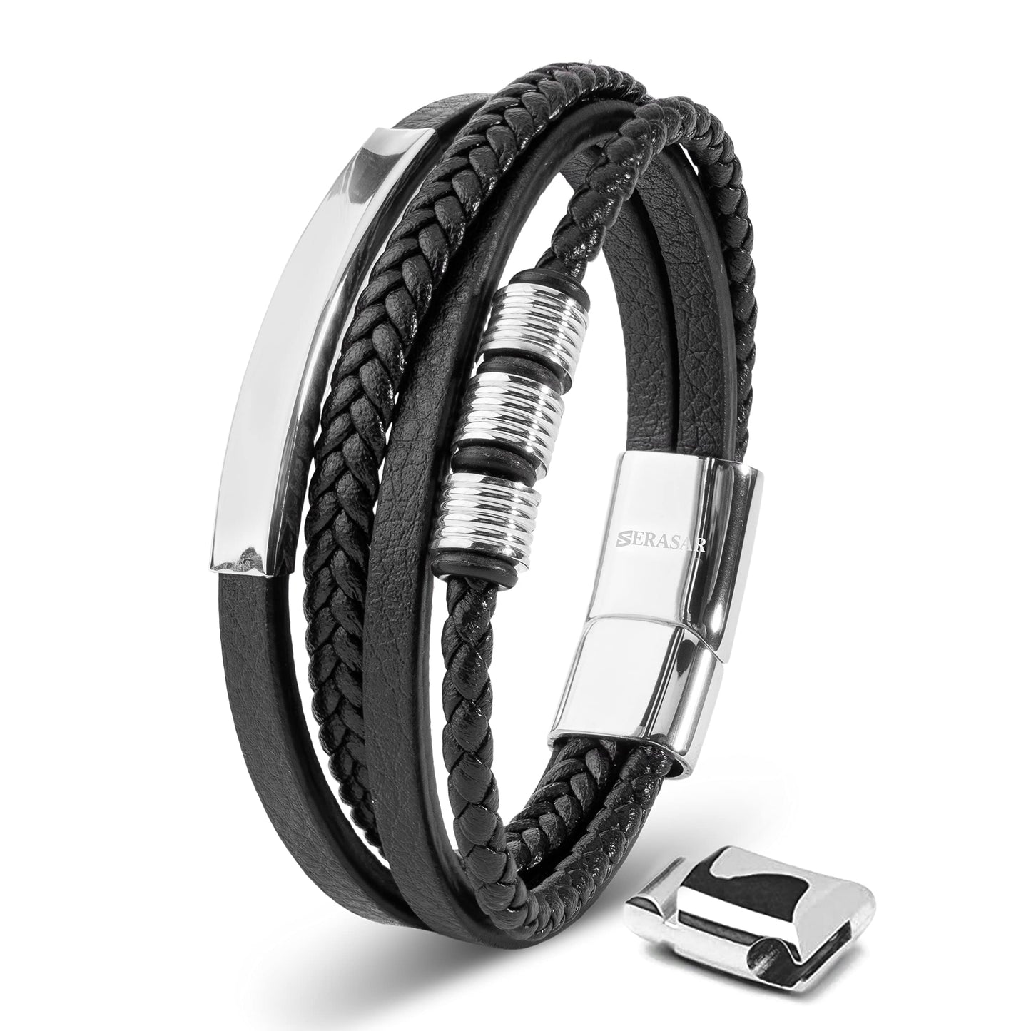 SERASAR Pulsera de cuero plateado para hombre 20cm Idea regalo Caja Piel vacuno trenzada genuino trenzado multicapa ajustable con cierre magnético