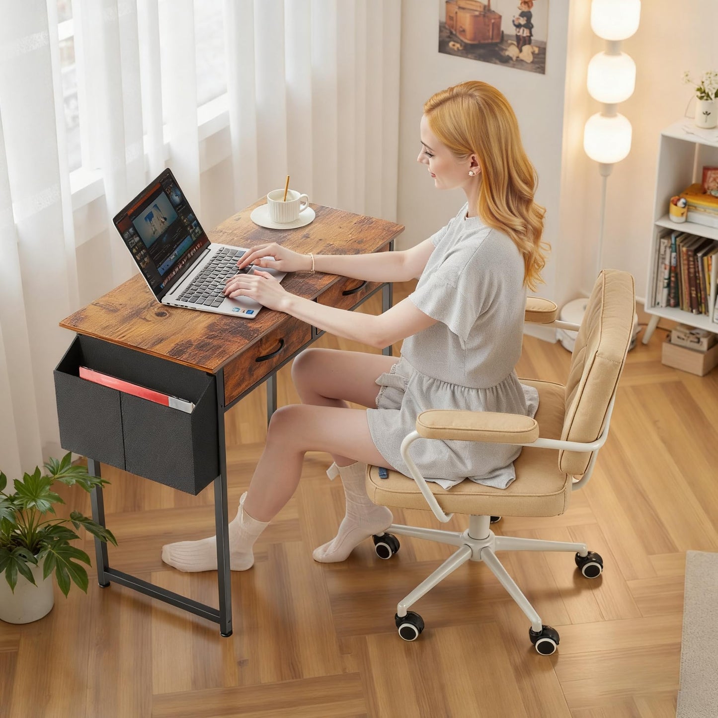 OLIXIS 32Inch Small Desk with Fabric Drawers for Home Office, Gaming Computer Desk with Side Bag, Headphone Hook Writing Study Work Table for Bedroom Small Sapce, Chic Brown