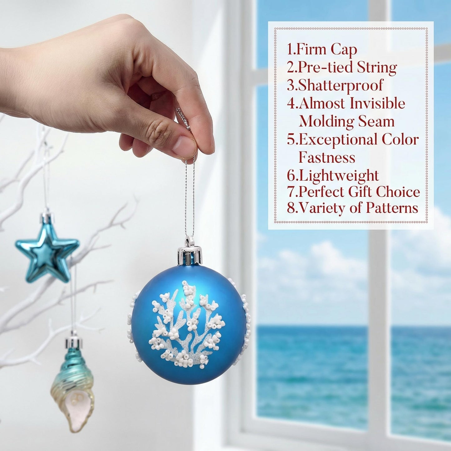 Valery Madelyn Summer Tree Ornaments, 30ct Teal Aqua Blue Shatterproof Beach Coastal Decor, Ocean Themed Christmas in July Tree Decorations, Hanging Gnome Seashell Conch Shell Coral for Tropical Party