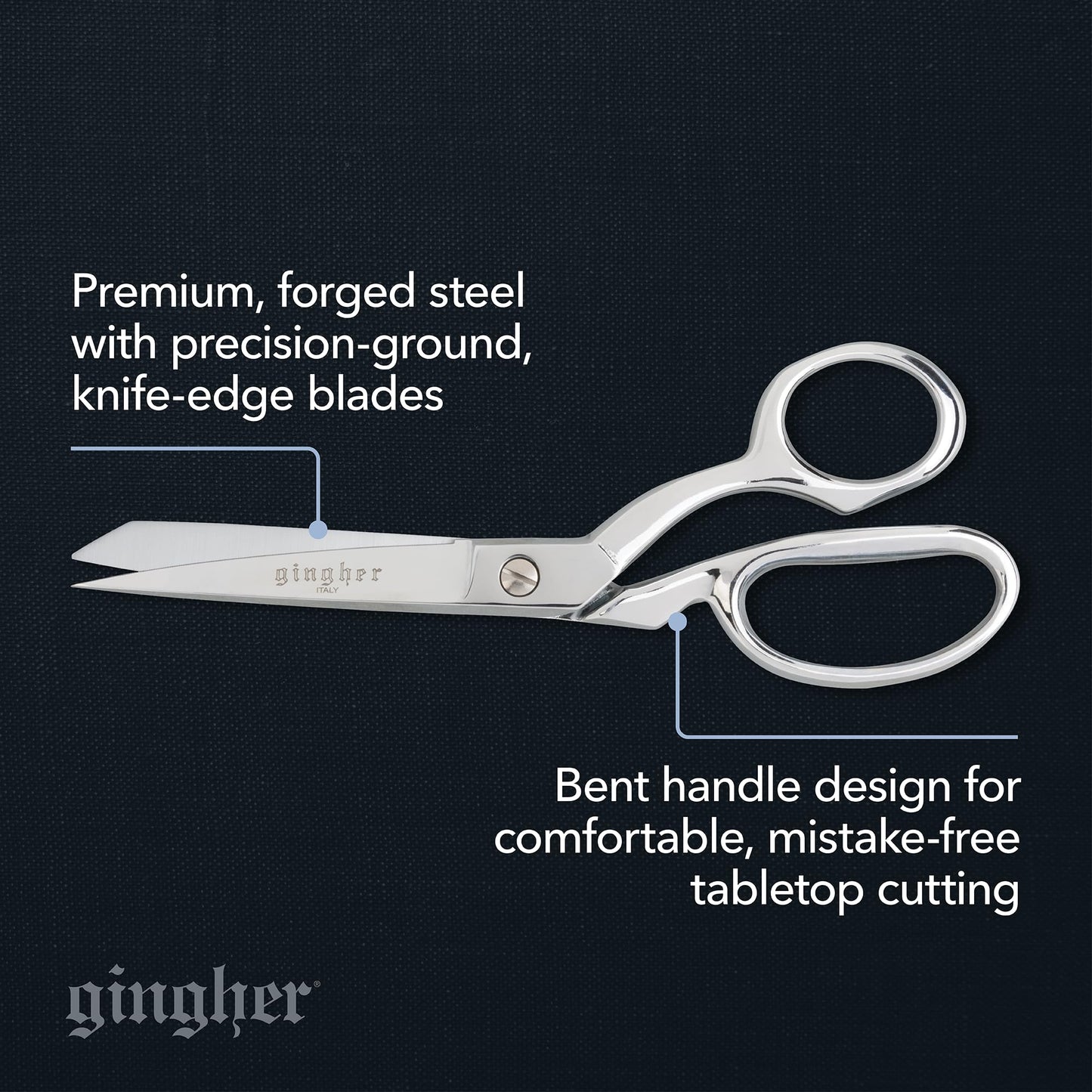 Gingher 8" Serrated Dressmaker's Fabric Scissors with Protective Sheath, Stainless Steel Shears that Grips Fabric, Sharp Knife Edge Fabric Scissors, Chrome Plated Nickel Finish