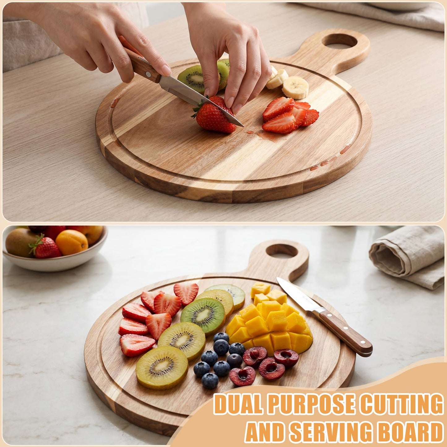 Yiyiring 10 Pcs Acacia Wood Cutting Board with Handle Bulk 15.8 x 11.4'' Round Charcuterie Chopping Board for Pizza Cheese Meat Decorative Natural Wooden Serving Tray for Kitchen and Dining Room