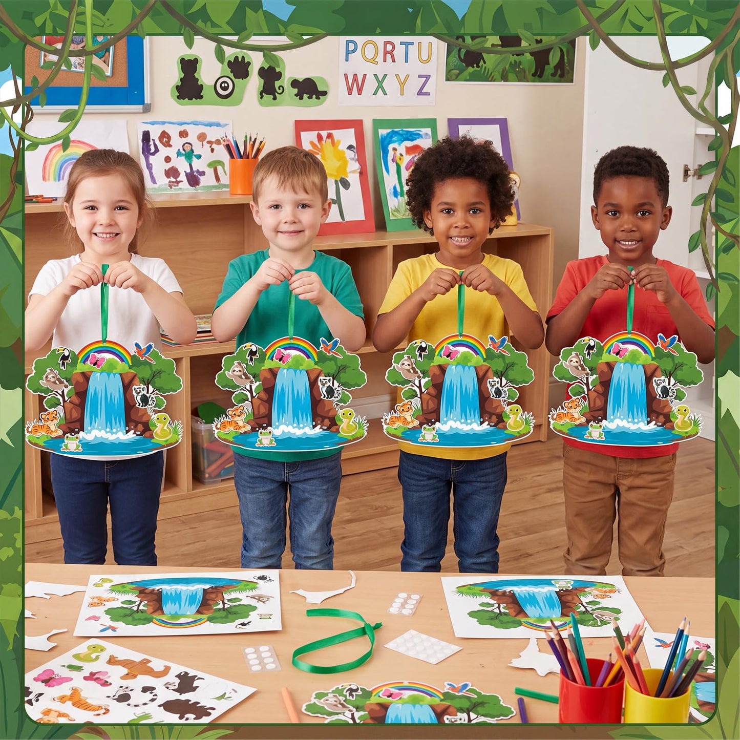 MotiMind 96 Pack Rainforest Fall Animal Craft Kits for Vbs 7.87 Inch Jungle Waterfall Rainbow Scene with Animal Stickers Rainforest Falls Craft Set for Sunday School Church DIY Hanging Decoration