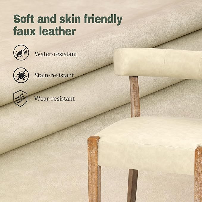 Modern Dining Chairs Set of 4, Faux Leather Upholstered Kitchen & Dining Room Chairs, Mid Century Modern Wooden Dining Chairs Oversized Sturdy Rounded Chairs Curved Back, Beige