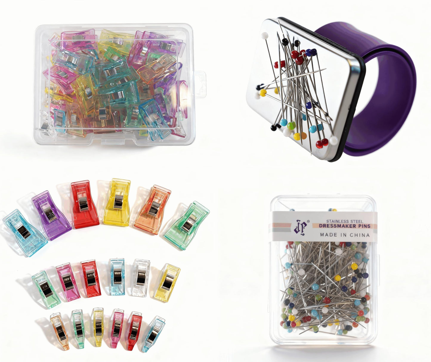 XWCSEWING Sewing Quilting Seam Kits and supplies-100 Pcs Plastic Sewing Clips and 200 Pcs Stainless Steel pins with Magnetic Holder