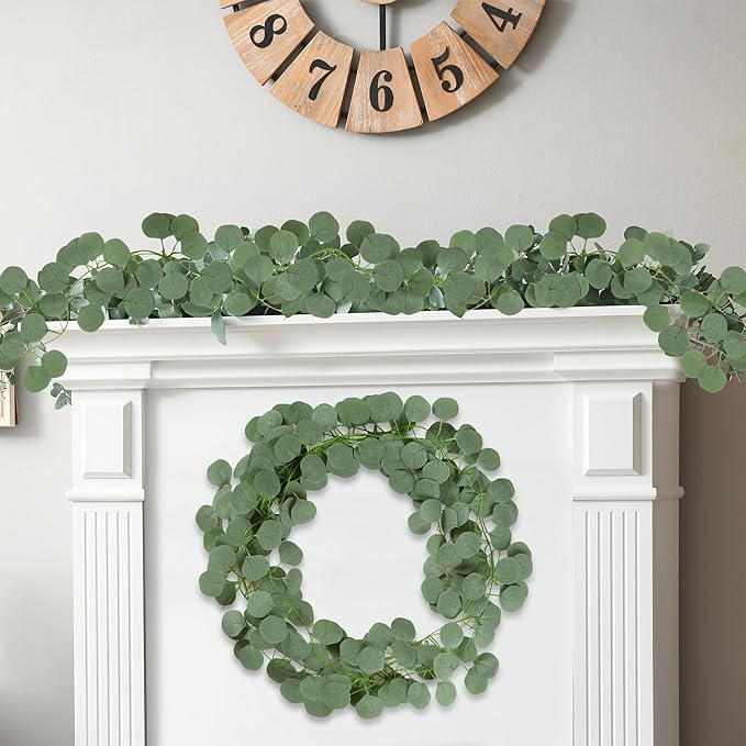 Sggvecsy 16Pcs Artificial Eucalyptus Garland Greenery Leaves Silk Vines Silver Dollar Leaves Faux Leaf Plants for Wedding Wall Table Party Home Fireplace Bedroom Decor