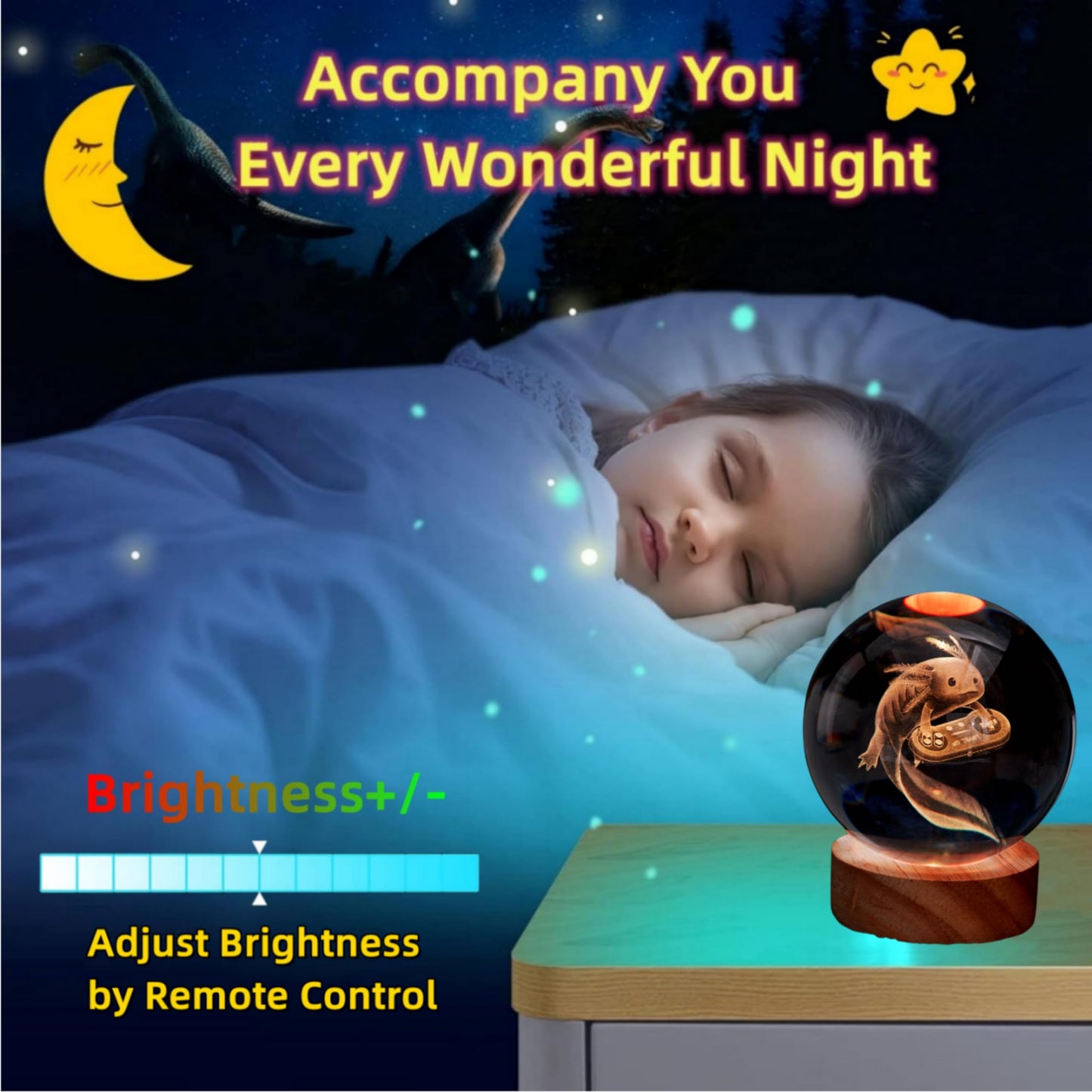 DIGFPWT Axolotl Crystal Ball Night Light, 3.15 Inch 3D Axolotl Crystal Lamp with LED Wooden Base, 16 Colors Change with Remote Control, Gift Box Packing, Gifts Ideas for Friends (Axolotl E)