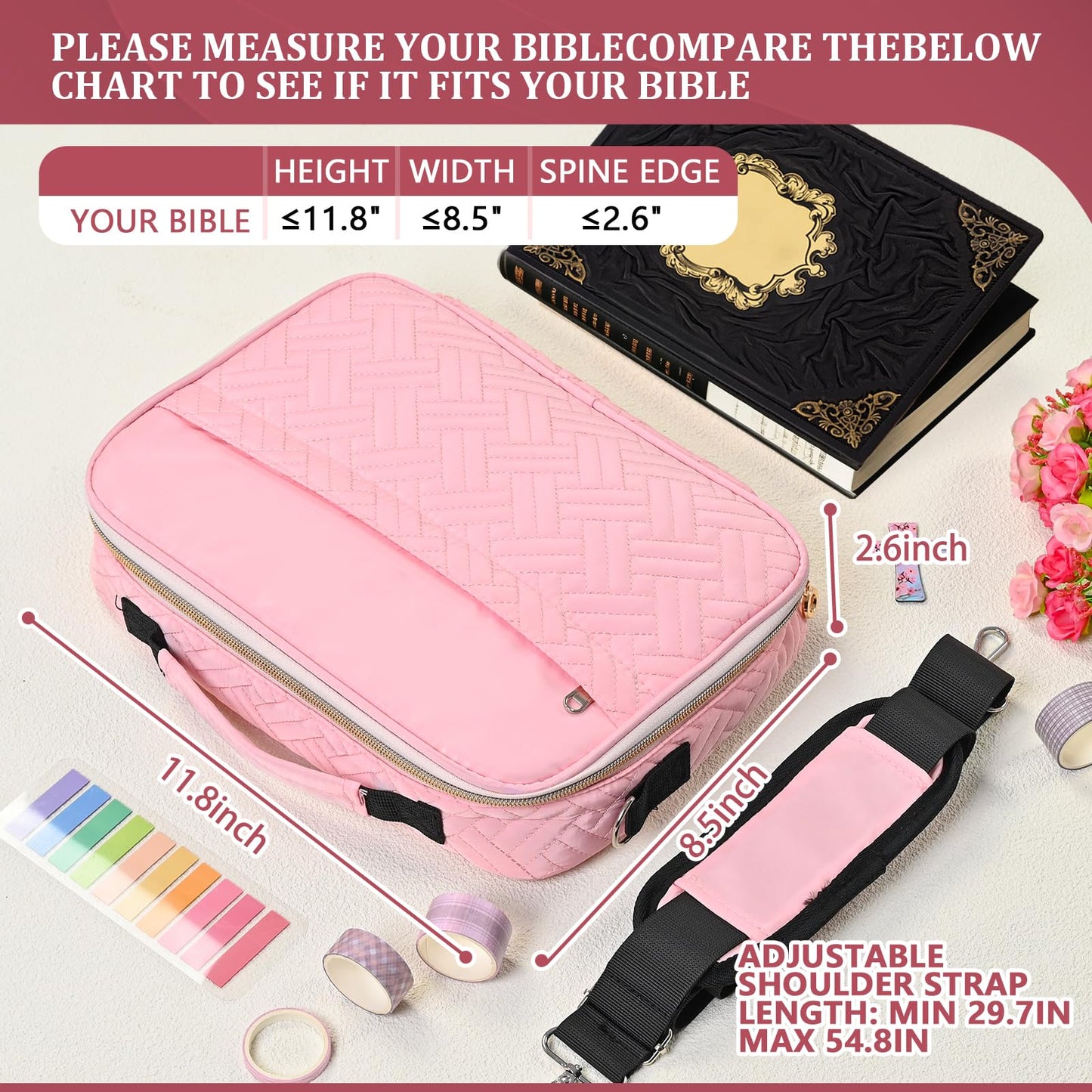 Yozbcfv Bible Cover for Women,Large Bible Bag with Shoulder Strap, Bible Study Supplies Carrier Includes Highlighters Tabs,Journaling Kit Case Packed in Gift Box, Christian Gifts for Women(Pink