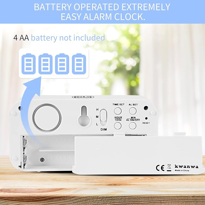 KWANWA 1.2 Inch Large Display Digital Alarm Clock for Kids & Adults, Dimmable LED Clock with Adjustable Brightness, Easy Snooze, Battery Operated Cordless Desk Clock for Bedroom, Kitchen
