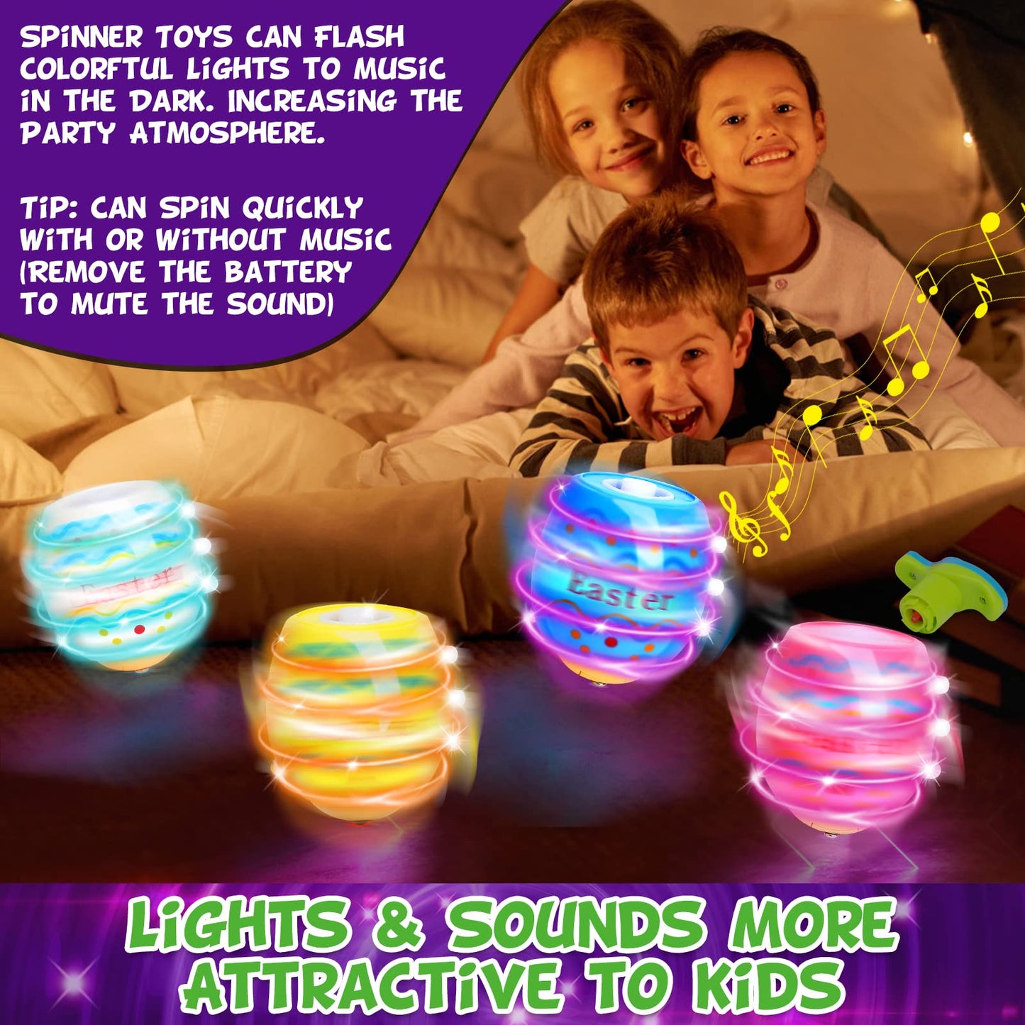 Light Up Easter Egg Toy Gifts for Kids, 6 Pack Easter Egg Spinning Tops with Flash & Music, Egg Fillers Essentials for Children, Glow in The Dark Hunt Prizes Goodie Bag Toys Party Favors