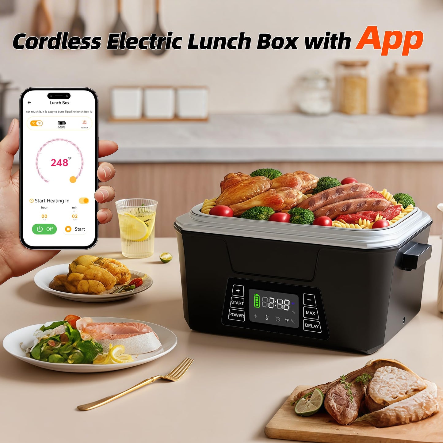 Vabaso Cordless Electric Lunch Box for Adults, App Control Heated Lunch Box with 27000mAh Detachable Battery, 1.2L Self Heating Lunchbox with Timer, Memory & Auto Keep Warm for Work Travel Outdoor