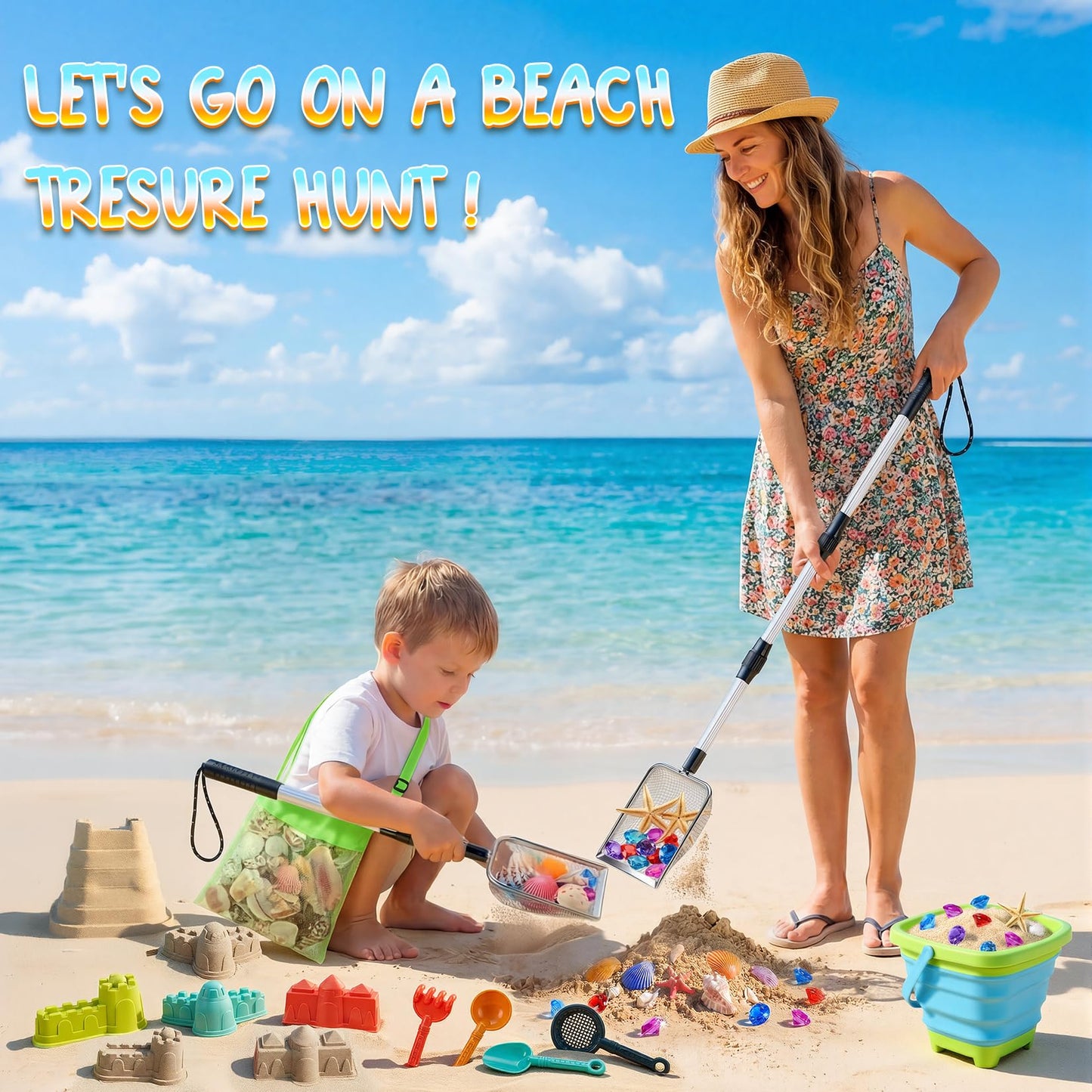 Beach Sand Toys Set with 2 PCS Adjustable Shark Tooth Sifter, Collapsible Beach Bucket,Sandbox Shovels,Sand Castle Kit,Diving Gem,Seashell Bags,Sand Sifter Shell Scooper Beach Essentials for kids 3-12