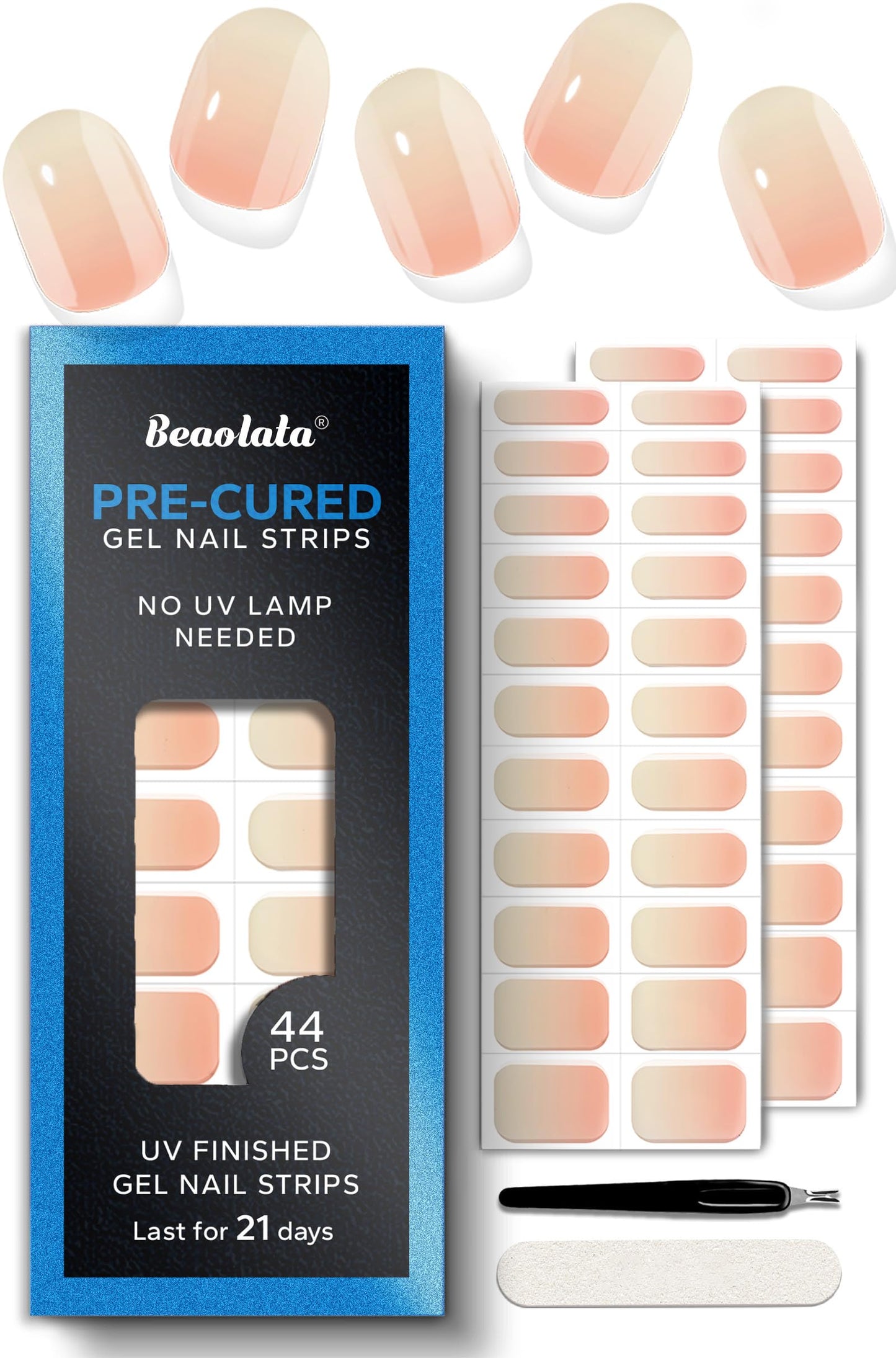 Beaolata Real Gel Nail Strips (No UV Light Needed) - 44Pcs Salon Quality Nail Stickers - Long Lasting Polish Wraps for Women, Easy Apply & Remove (Sunset Glow Orange)