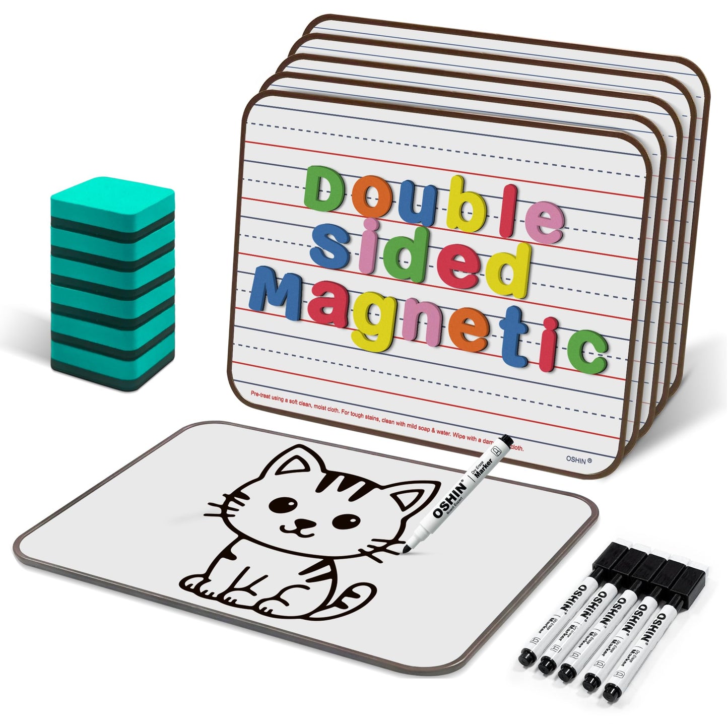 6 Pack Small White Boards, 9"x12" Double Sided Magnetic Dry Erase Boards Personal Handheld Whiteboards with Lines for Kids, Students, Teacher School, Include 6 Markers, 6 Erasers, 6X52 Pcs Letters