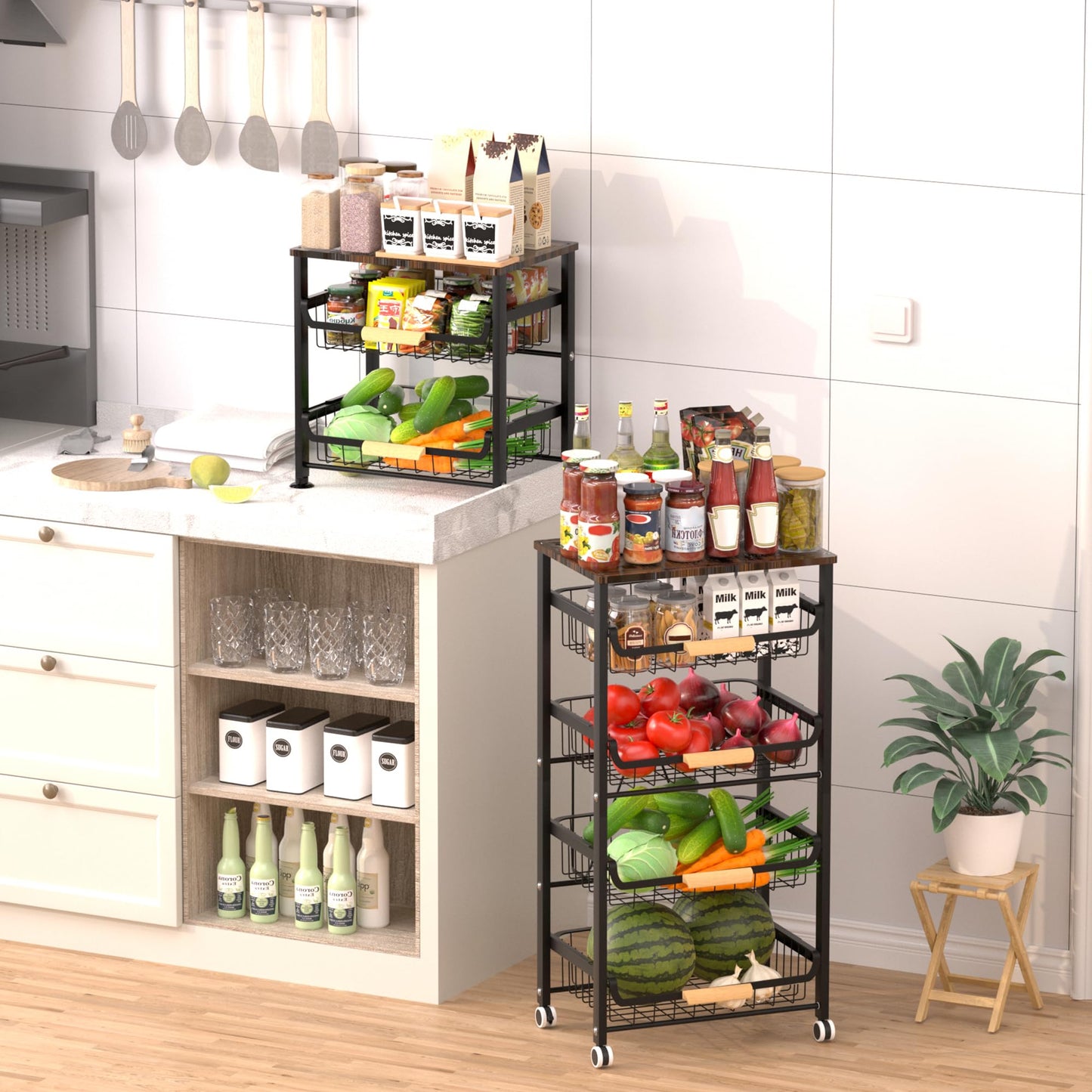 Uninol Fruit Vegetable Basket for Kitchen,3 Tier Pantry Organizers and Storage,Snack Organizer for Countertop,Pantry Cart,Metal Wire Storage Shelf Organizer Baskets for Kitchen, Pantry, Bathroom