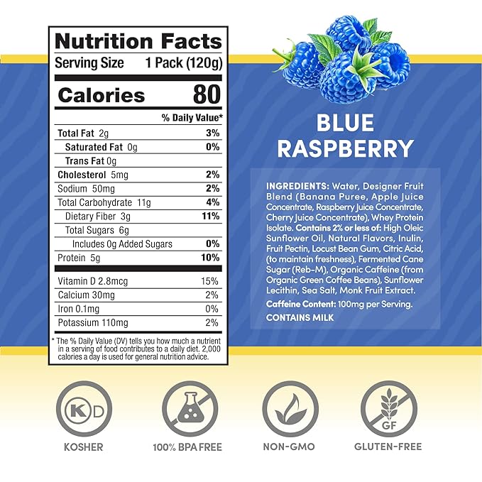Designer Wellness Energy Smoothie, Real Fruit, 100mg Natural Caffeine, 5g Protein, Low Carb, Zero Added Sugar, Gluten-Free, Blue Raspberry, 12 Count