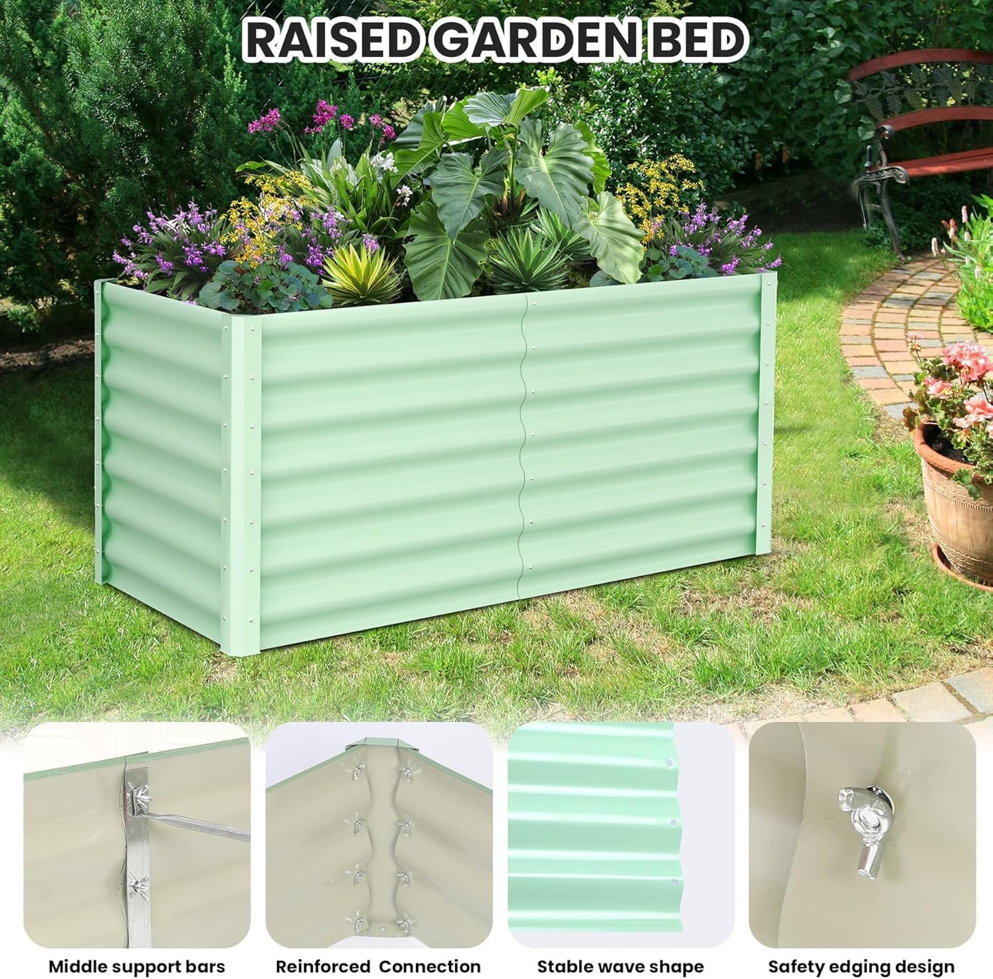 CABIHOME Galvanized Steel Raised Garden Bed Kits,Large Open Base Outdoor Planter with Safety Edge,Durable Metal Plant Box with Gloves,for Vegetables Flowers Herbs