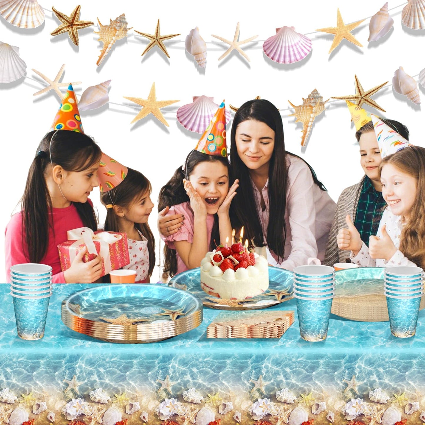 Seashell Party Supplies Ocean Beach Party Supplies Tableware with Seashell Beach Paper Plates Napkins Cups Tablecloth Banner for Summer Hawaiian Birthday Decorations, Serves 24