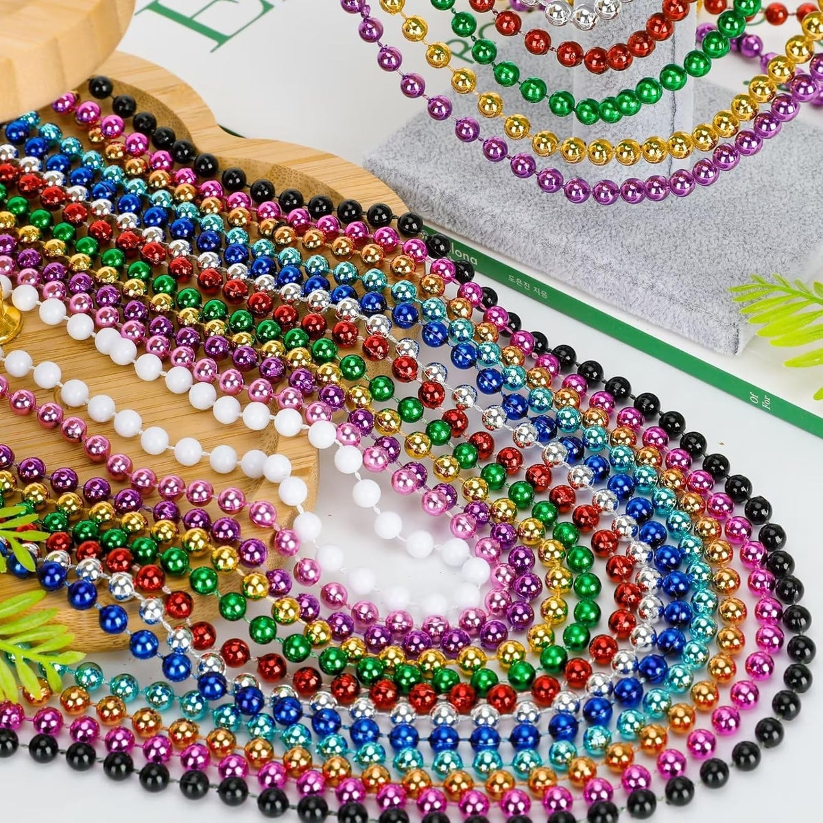 144PCS Mardi Gras Beads, Metallic 12 Kinds Bead Necklace Party Supplies, 33" Mardi Gras Necklace Costume Stuff, Festival Parade Throw Accessories for Wedding Birthday Celebrations Decorations