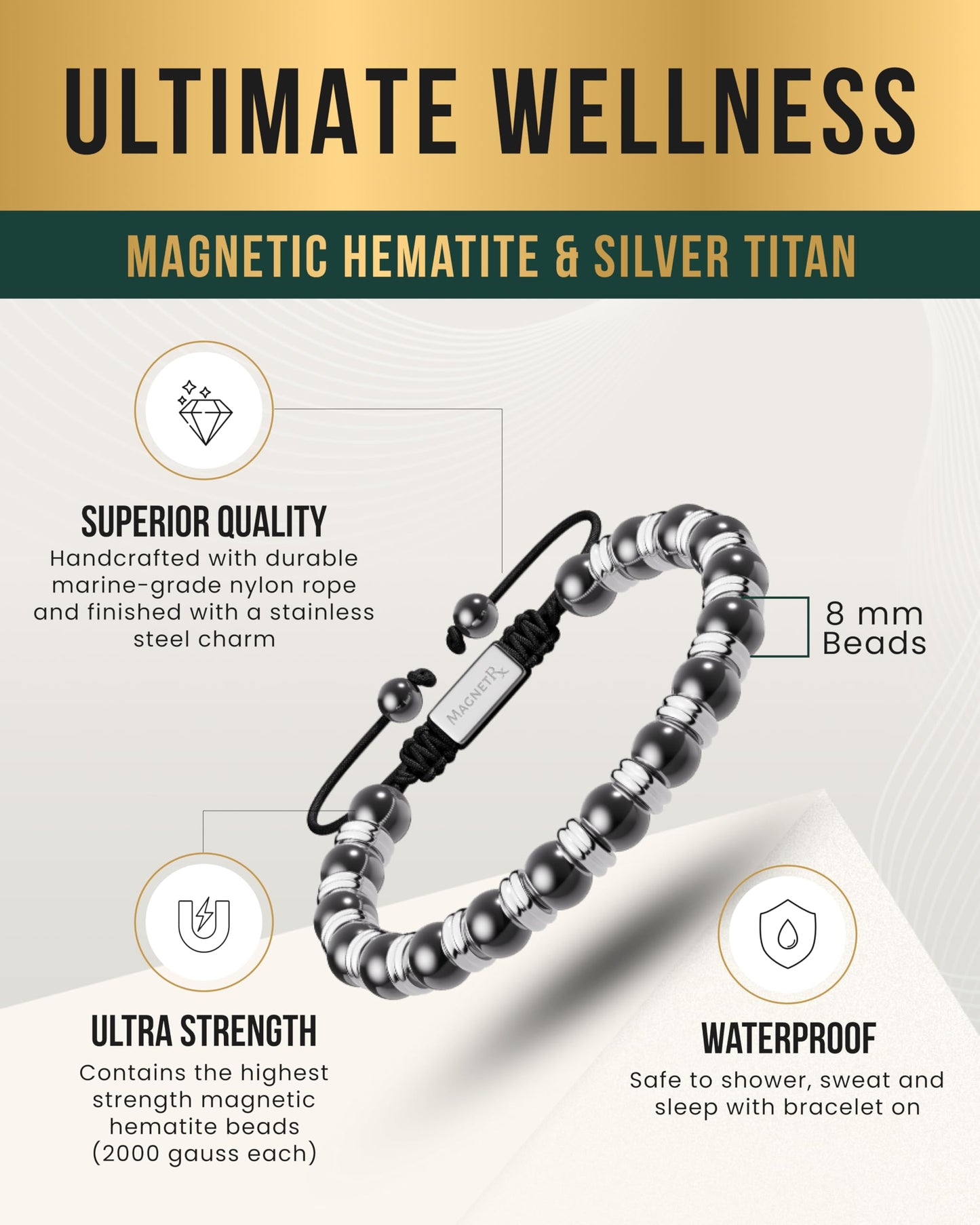 MagnetRX® Magnetic Hematite Bracelet - Max Strength Magnet Stones - Beaded Magnetic Bracelets for Men and Women (Silver Titan 8mm Bead)