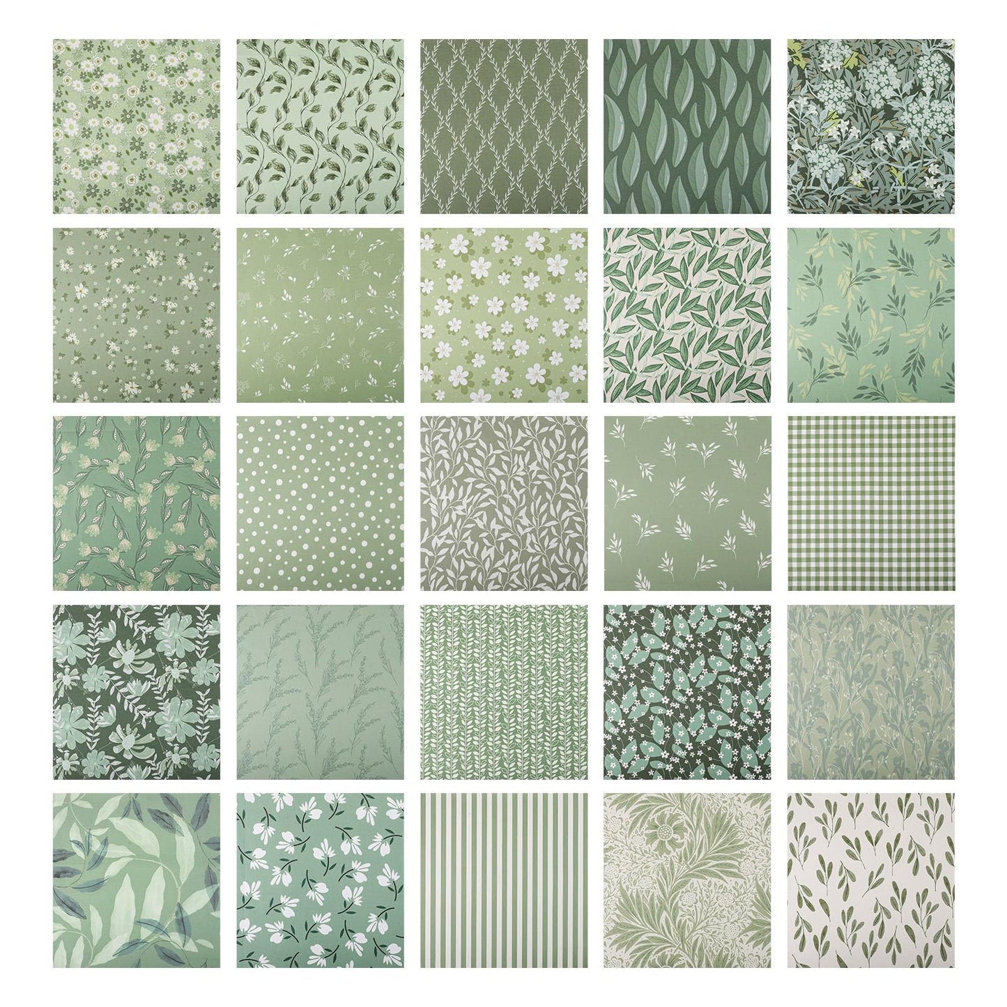 25 Pcs Sage Green Quilting Fabric Scraps, 10''x10'' Green Cotton Fabric Squares Vintage Precut Quilt Kits Include Floral Pattern Spring Leaf Print for DIY Craft Supplies