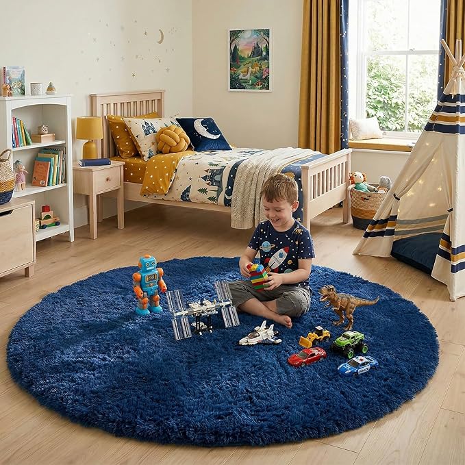 Navy Blue Round Rug 7Ft for Living Room Bedroom, Large Fluffy Fuzzy Circle Area Rugs for Teen Boys Baby Kids, Cute Shaggy Plush Floor Royal Dark Blue Carpet for Dorm Nursery Playroom Decor Aesthetic