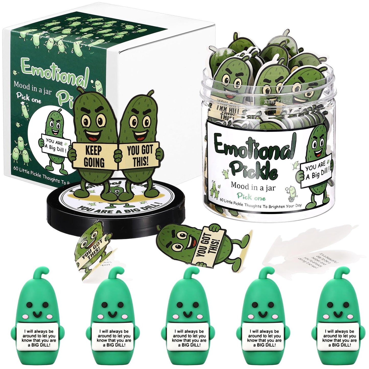 Gejoy 60 Pcs Positive Gifts Emotional Comfort Pickle Card Jar with 5 Mini Rubber Pickle Figurines Christmas Affirmation Birthday Encouraging Motivational Gift for Coworkers Colleague Staff Women Men