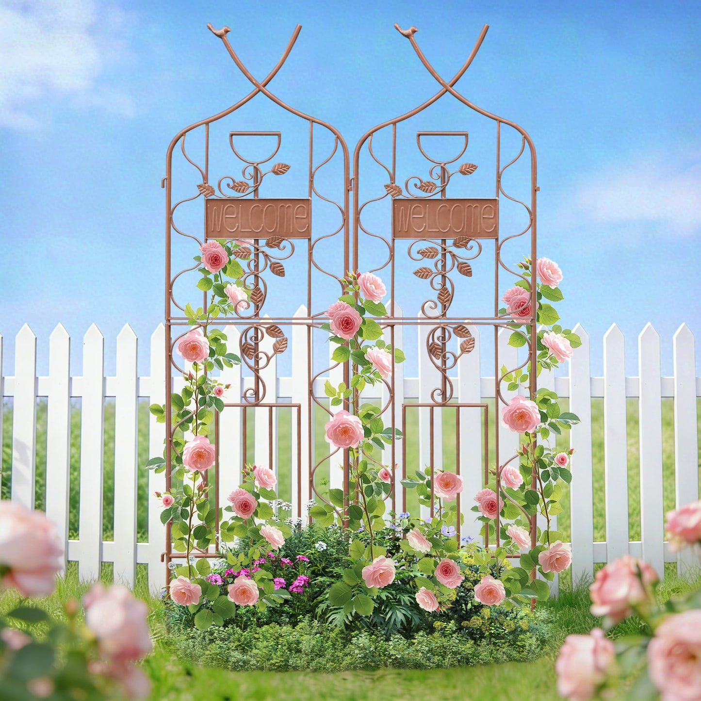 LZRS 2 Pack 59.5 * 18in Rustic Iron Arch Decoration Garden Trellis with Metal Coating – Perfect for Supporting Climbing Plants Outdoor, Roses, Vines, Flowers, and Vegetables, Brown