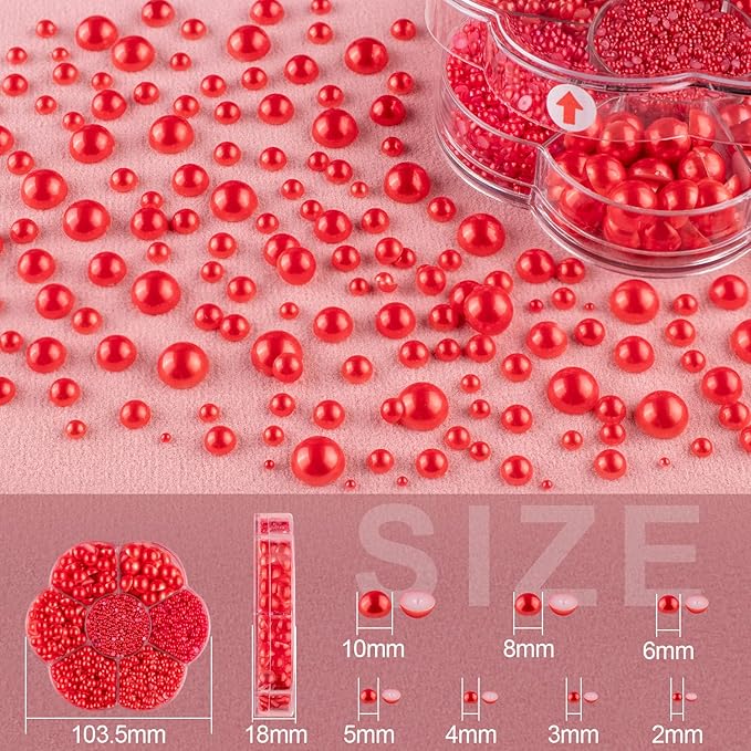 Nail Art Flat Back Half Round Pearl Kits 10, 1 Box of 6000 Pcs Flat-Back Red Pearl with Tweezer and Picker Pencil for Home DIY Nails Body Face Craft and Salon Use