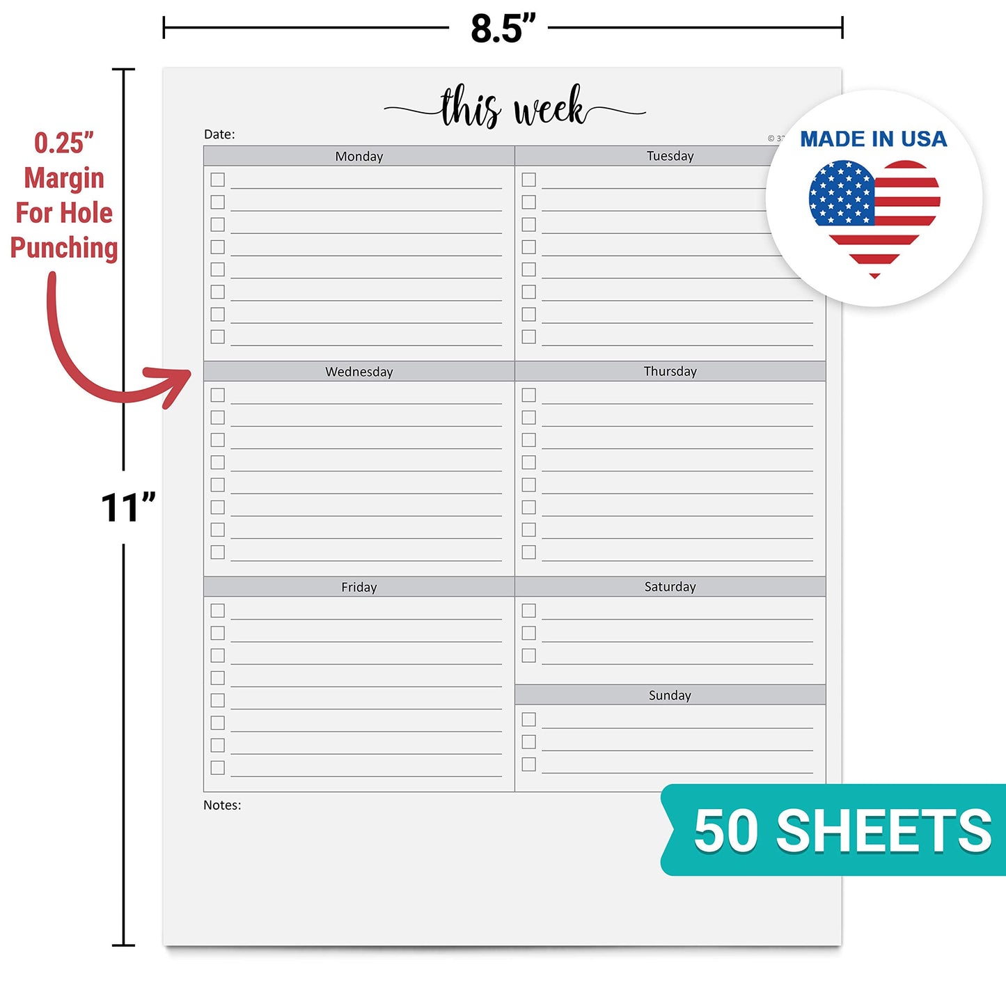 321Done 8.5x11 Weekly Checklist Notepad, Made in USA, Letter Size Tear-Off Undated Planning Pad, Work and Personal Organizer To Do List Pad, Desk Planner, Productivity Tracker - 50 Sheets