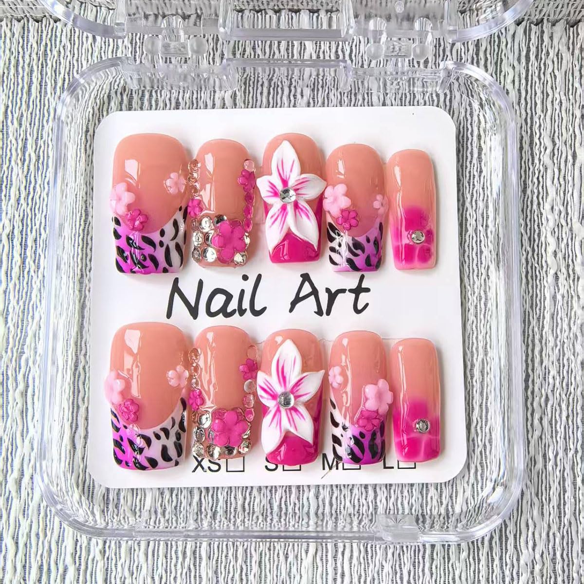 Medium Square Press on Nails Handmade Fake Nails Pink Leopard print French Tip with 3D Flower Designs luxury Rhinestones Glossy Cute Acrylic Nails for Women 10pcs (Size M）