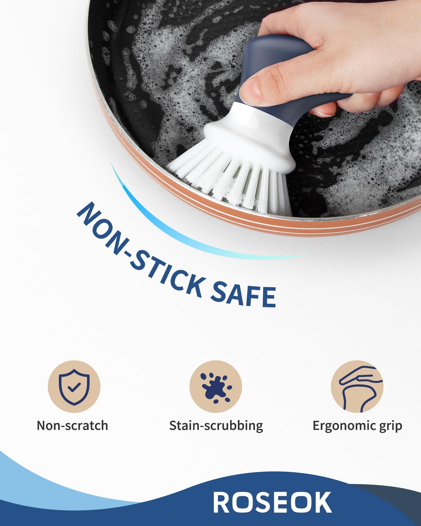 ROSEOK Dish Scrub Brush,Self-Standing Palm Brush with Ergonomic Grip for Cleaning Dishes,Non-Stick Pans and Sinks,Navy Blue,2 Pack