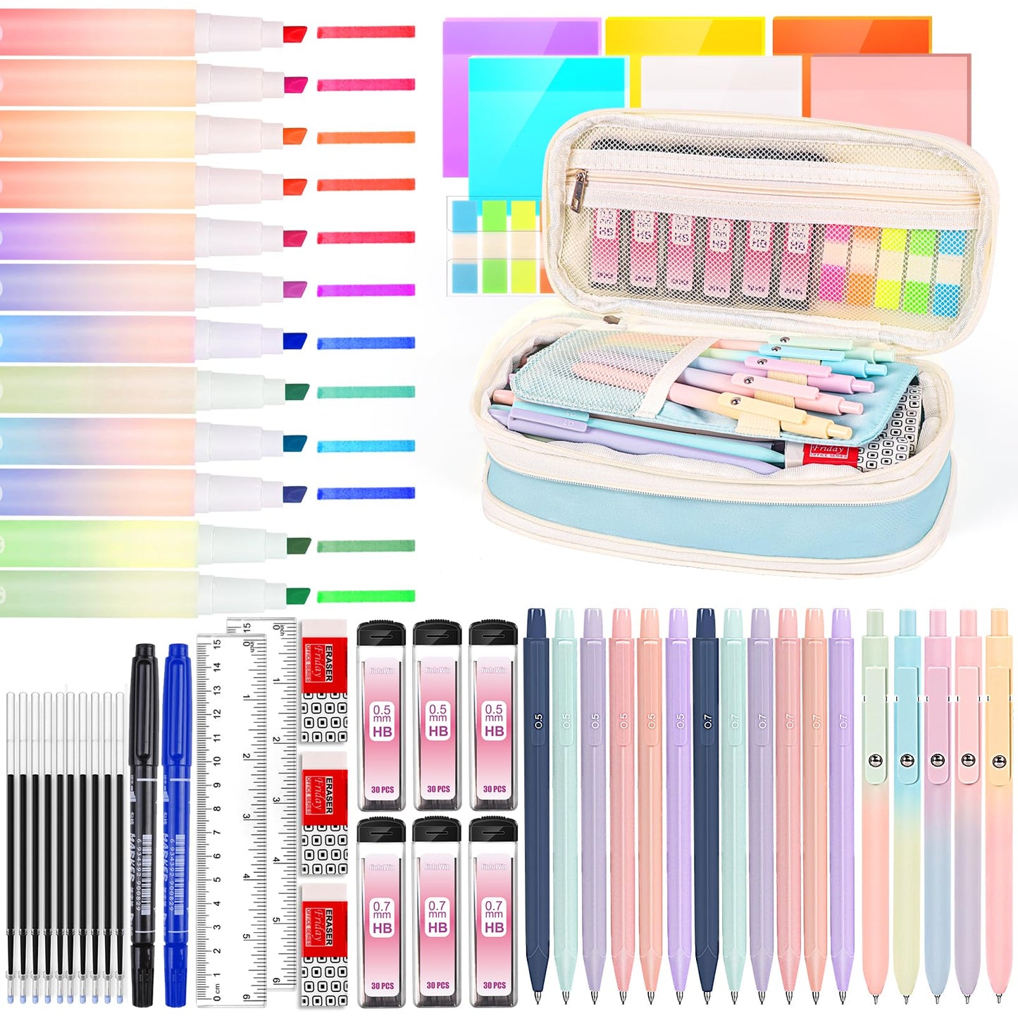 60 Pcs Aesthetic School Supplies with Large Capacity Pencil Case, 5 Quick Dry Black Ink Gel Pens, 12 Color Pastel Highlighters, 6 Mechanical Pencil Set 0.5 & 0.7 mm, 7 Multi-Color Index Sticker-Blue