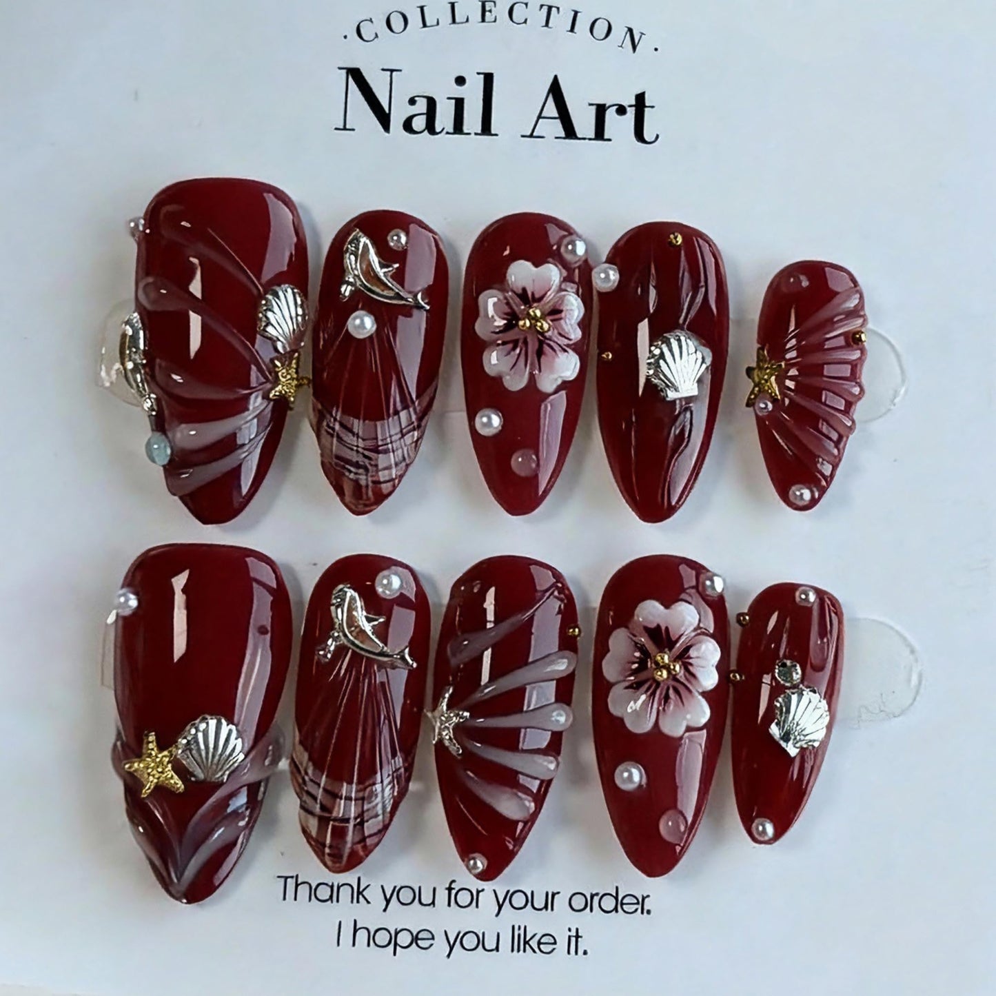Almond Press on Nails Medium Fake Nails Brown Artificial Nail Seeneey 3D Flowers Pearl Gold Charm Designs Beach Stick on Nail for Women 30pcs