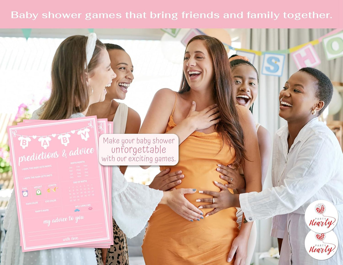 Party Hearty Baby Shower Games for Girl, 50 pcs Pink Prediction & Advice Game, Fun Activity Cards, Baby Shower Ideas